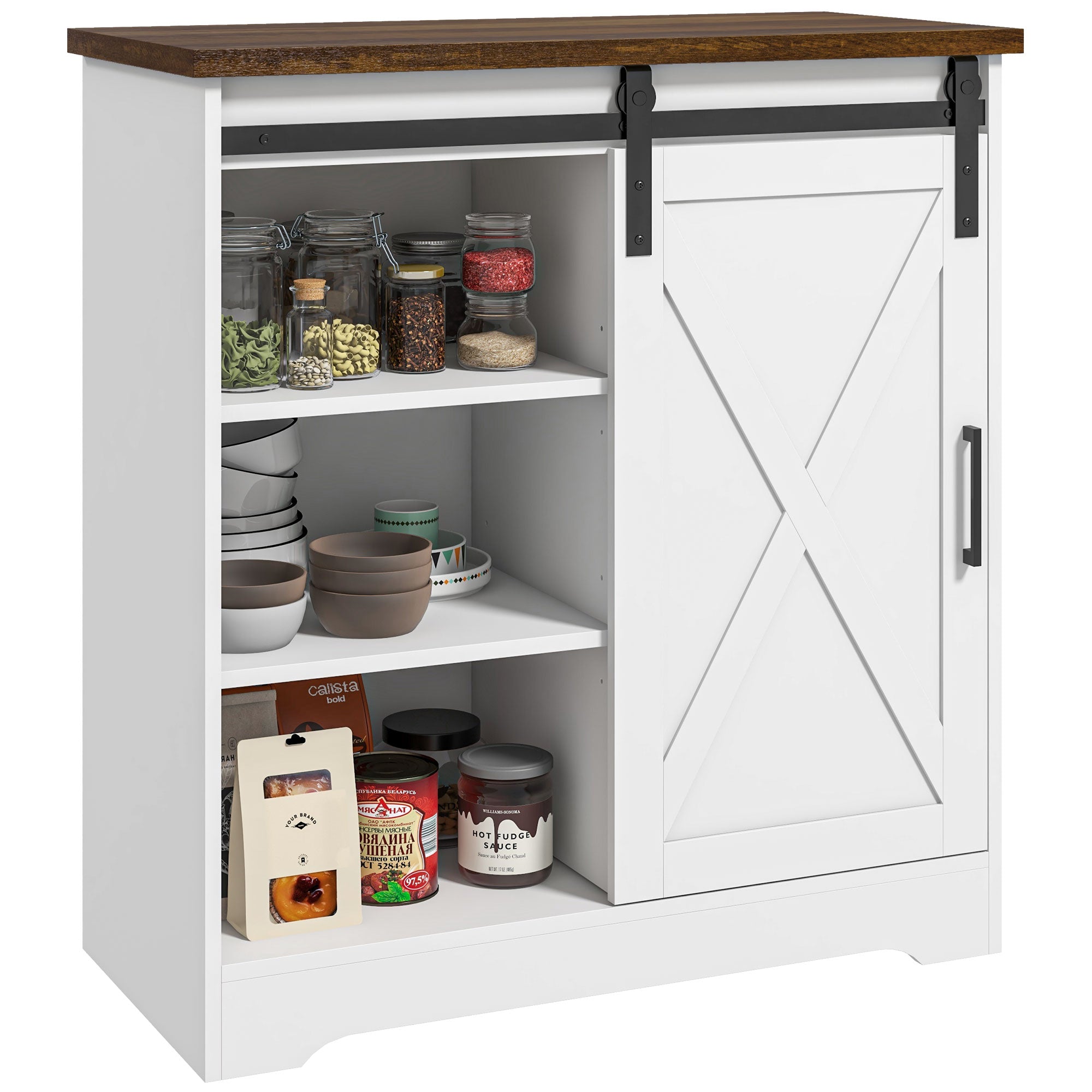 Farmhouse Kitchen Sideboard Buffet Cabinet w/ Sliding Barn Door & Adjustable Shelf, White