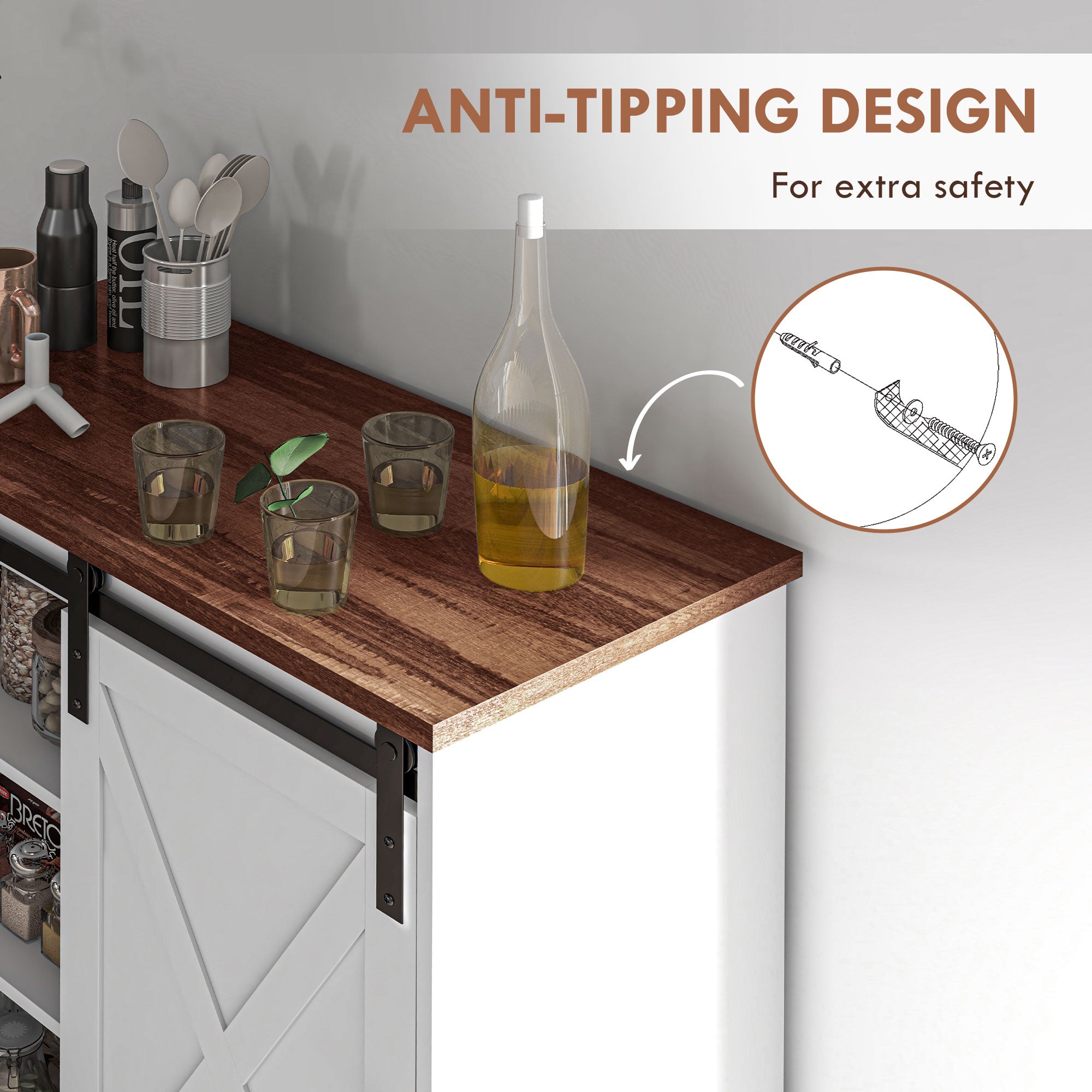 Farmhouse Kitchen Sideboard Buffet Cabinet w/ Sliding Barn Door & Adjustable Shelf, White - HOMCOM