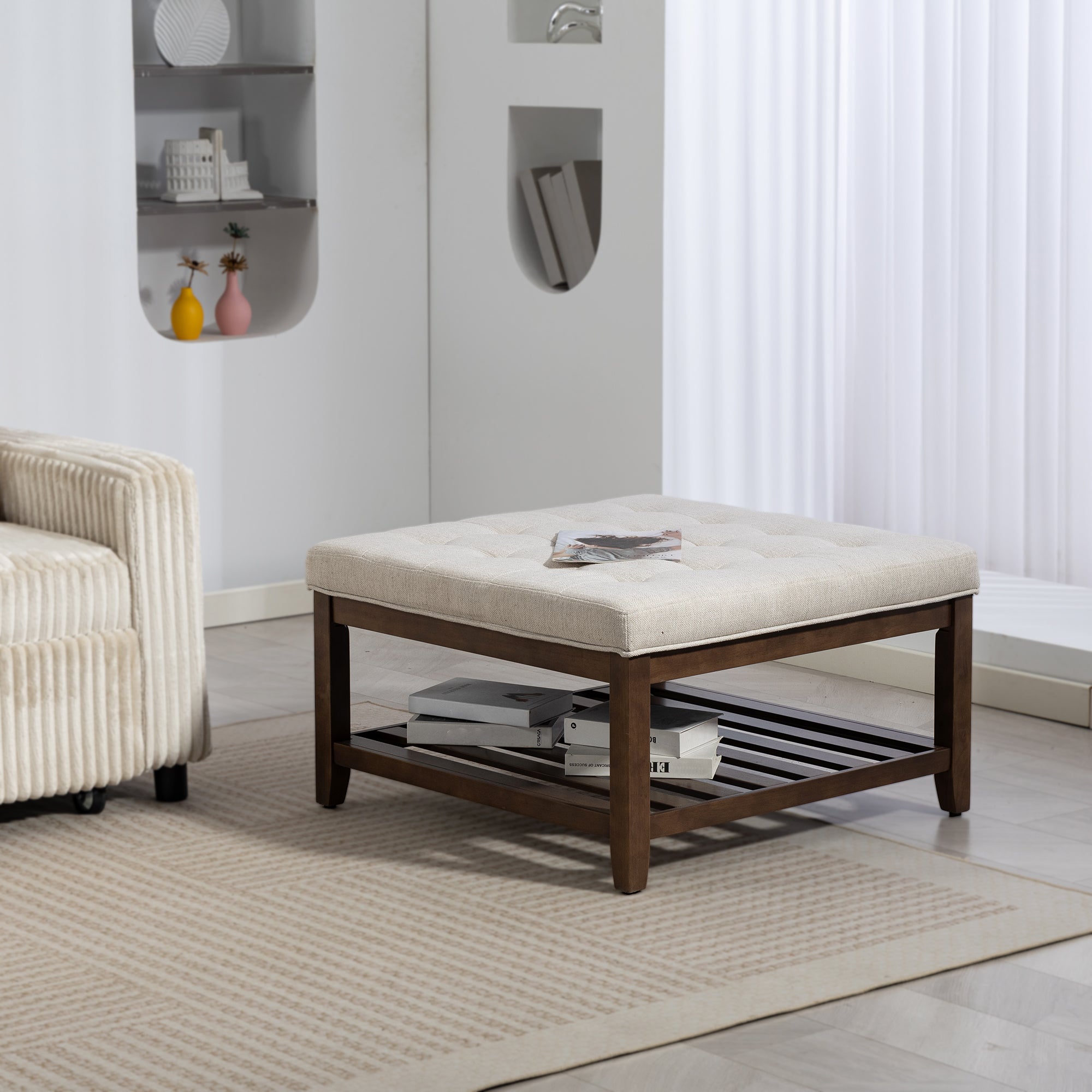 Ottoman Coffee Table, 32 Inch Square Footrest Ottoman with Storage Shelf, Linen Upholstered Tufted Footstool with Solid Wood Frame, Padded Seat for Living Room, Beige