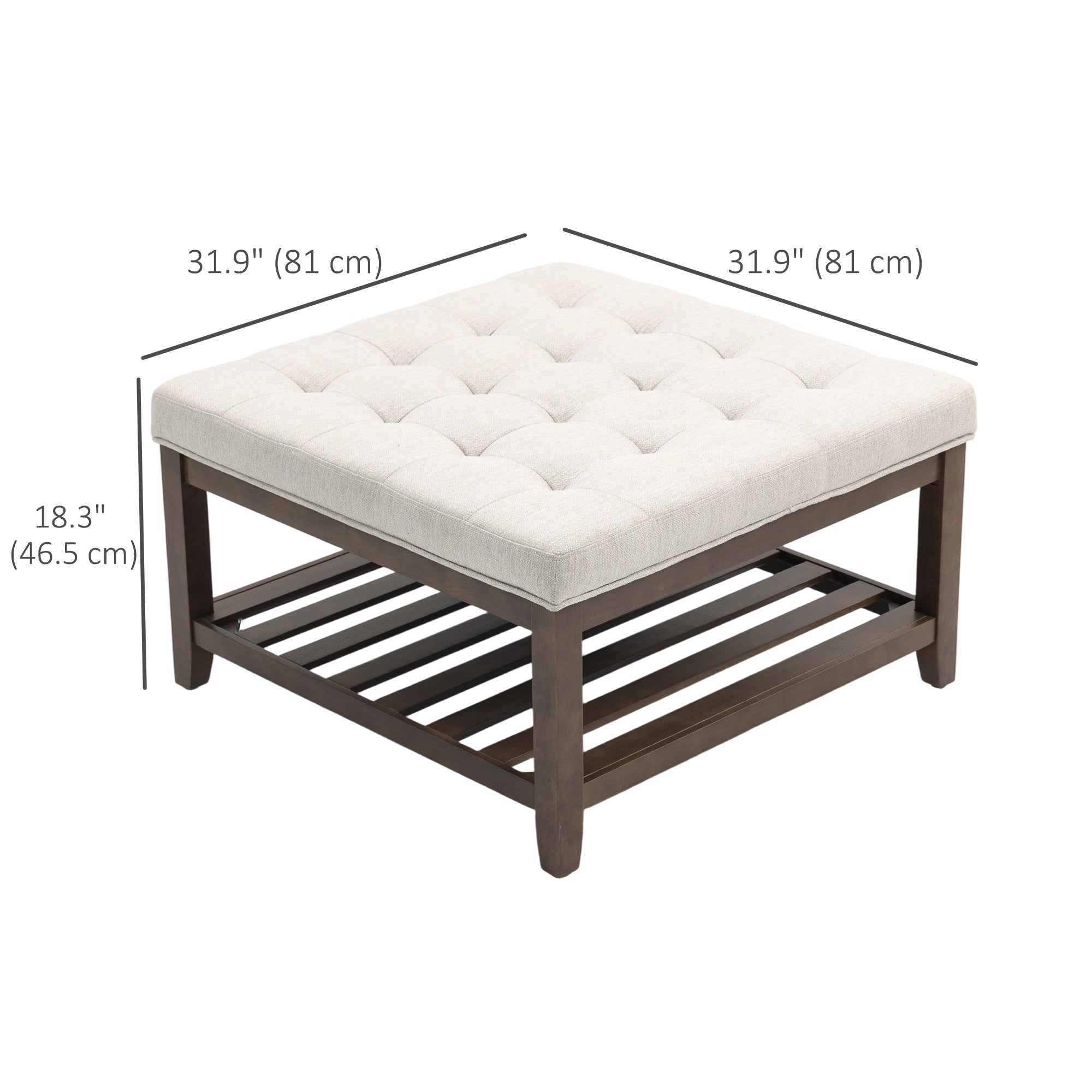 Ottoman Coffee Table, 32 Inch Square Footrest Ottoman with Storage Shelf, Linen Upholstered Tufted Footstool with Solid Wood Frame, Padded Seat for Living Room, Beige