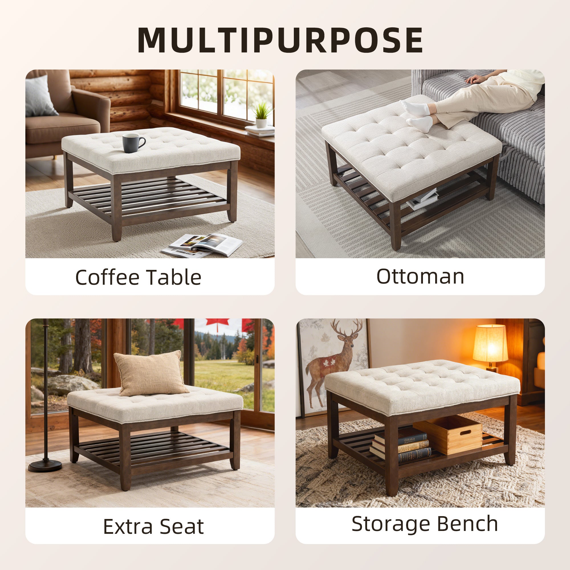 Ottoman Coffee Table, 32 Inch Square Footrest Ottoman with Storage Shelf, Linen Upholstered Tufted Footstool with Solid Wood Frame, Padded Seat for Living Room, Beige
