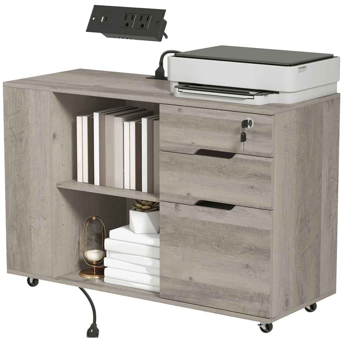 Lateral File Cabinet with Power Outlets, Drawers, Mobile Filing Cabinets, Cubbies, Shelves, Home Office Printer Stand, for A4, Letter Files, Home Office, Light Grey Brown