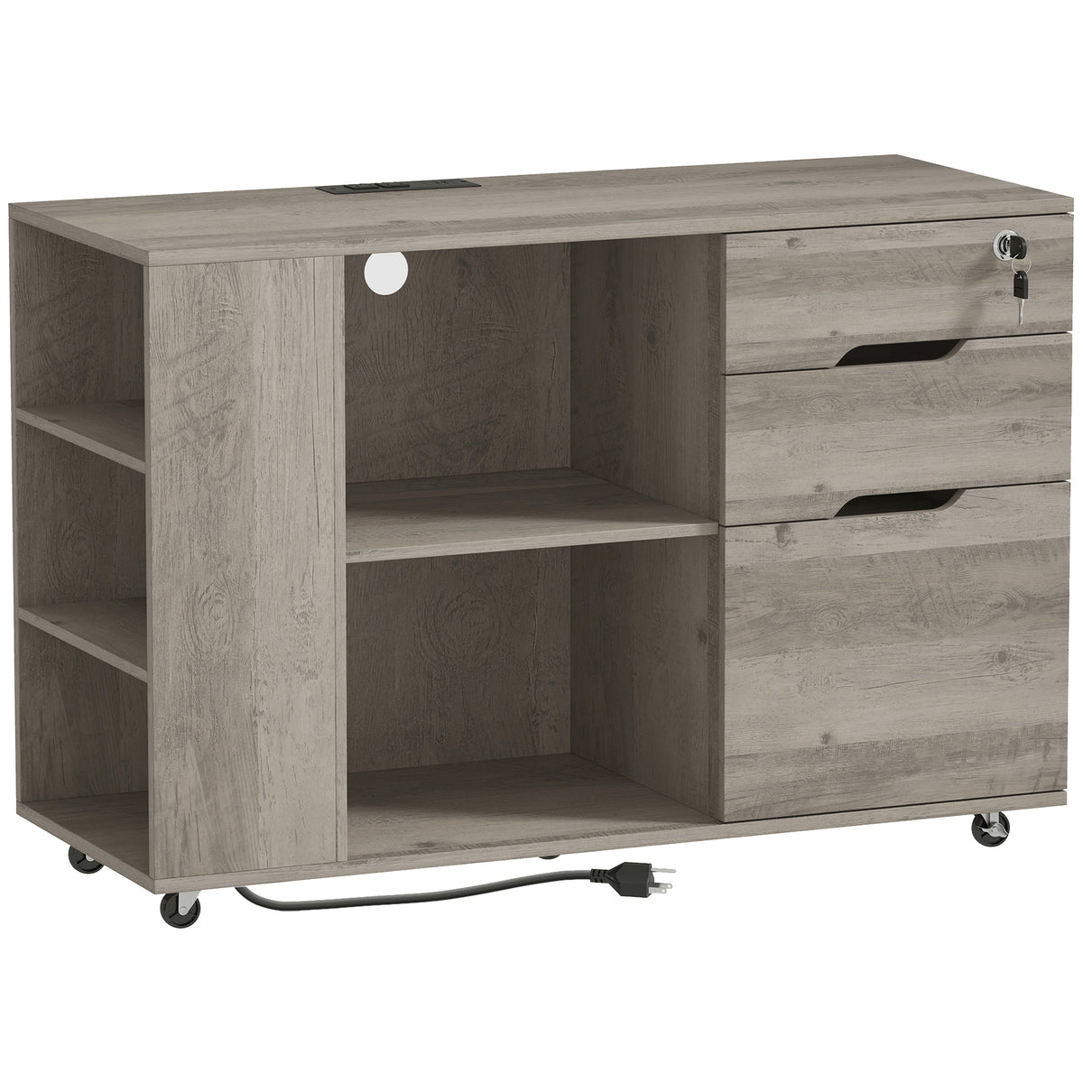 Lateral File Cabinet with Power Outlets, Drawers, Mobile Filing Cabinets, Cubbies, Shelves, Home Office Printer Stand, for A4, Letter Files, Home Office, Light Grey Brown
