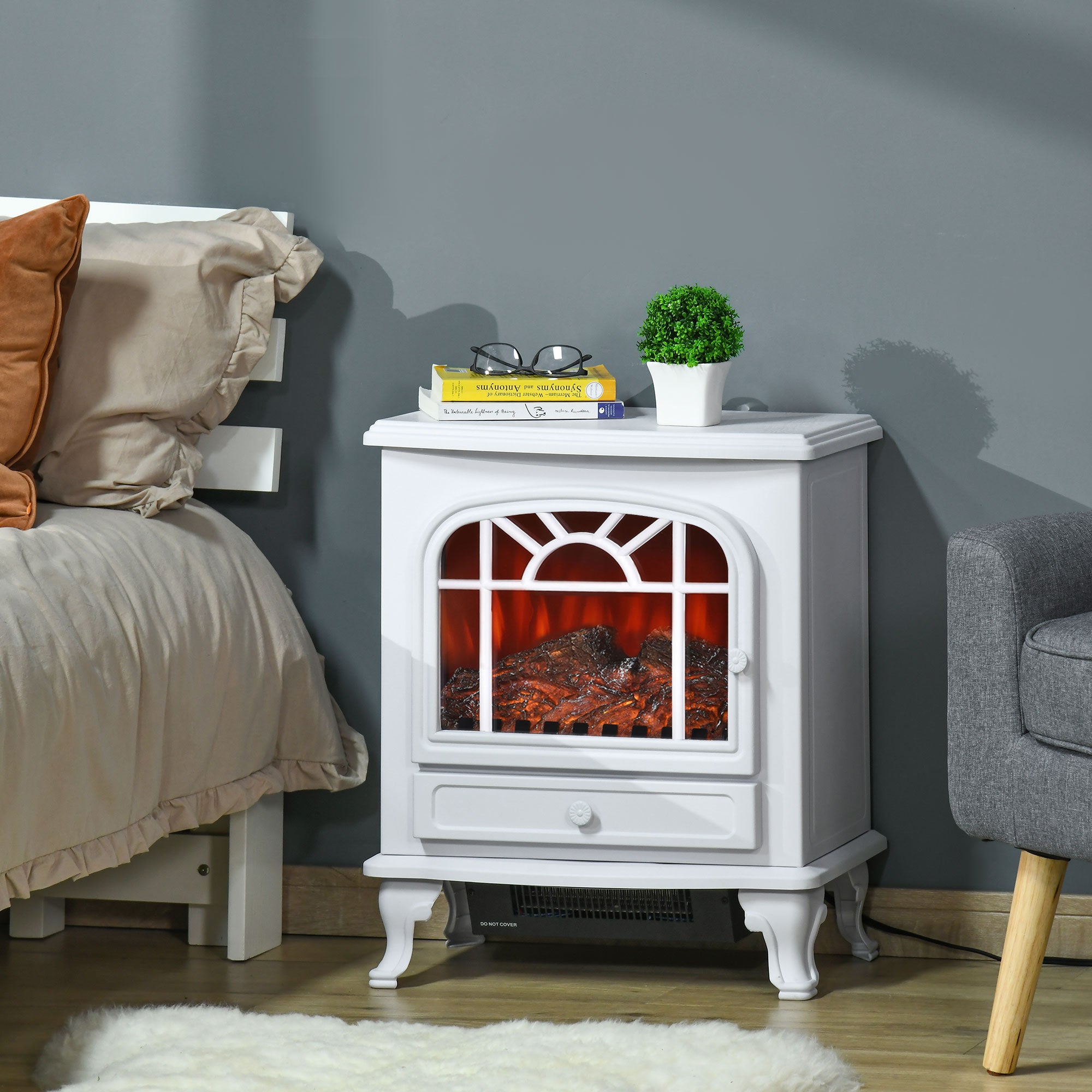 Electric Fireplace Heater, Freestanding Fireplace Stove with Realistic Flame Effect and Adjustable Temperature, Overheat Safety Protection, 750W/1500W, White