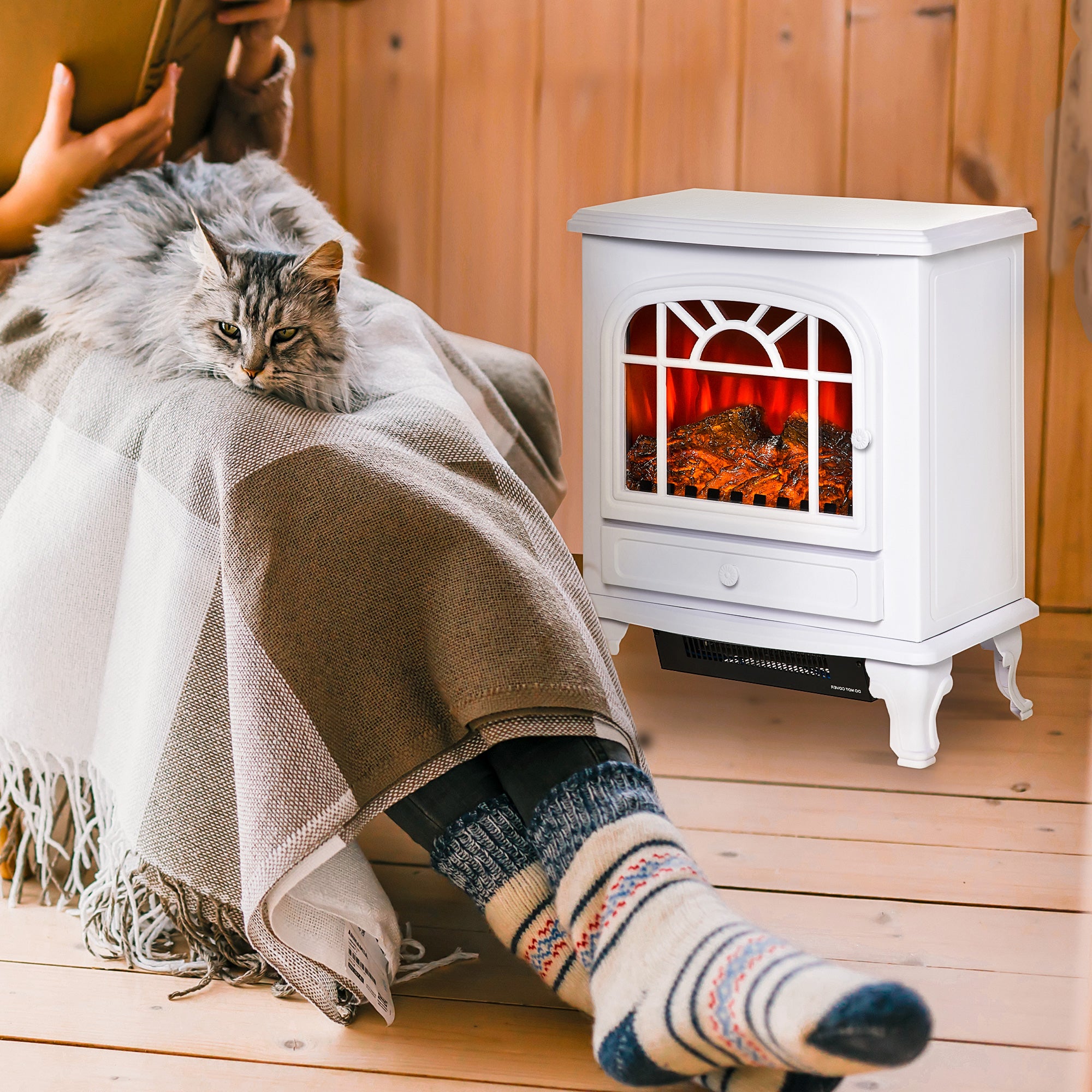 Electric Fireplace Heater, Freestanding Fireplace Stove with Realistic Flame Effect and Adjustable Temperature, Overheat Safety Protection, 750W/1500W, White