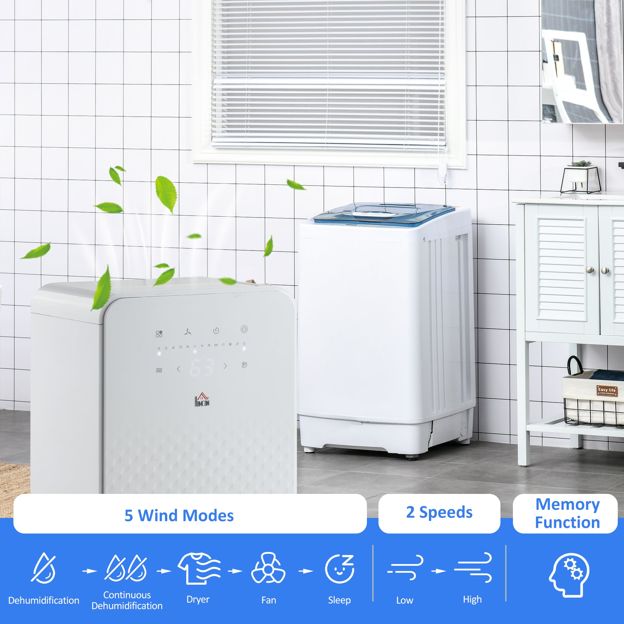 HOMCOM 12L/Day 2000mL Portable Quiet Dehumidifier with Air Purifier Filter, 24H Timer, 5 Modes, Electric Moisture Air Dehumidifier for Home Laundry Basement, White