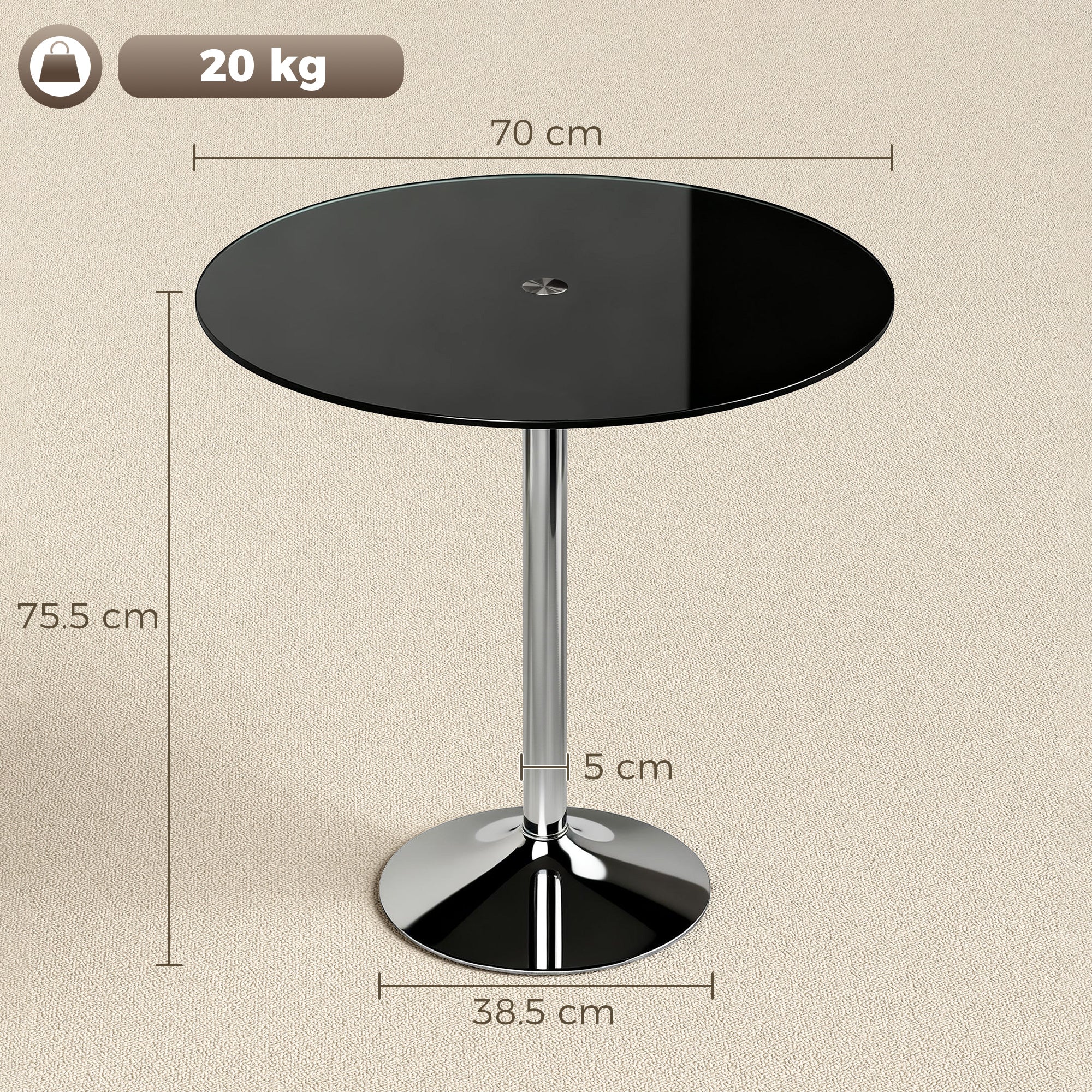 Round Bar Table, Modern Dining Table with Tempered Glass Top and Steel Frame for 4, Easy Assembly for Breakfast Bar, Dining Room, 70 x 70 x 75.5cm, Black
