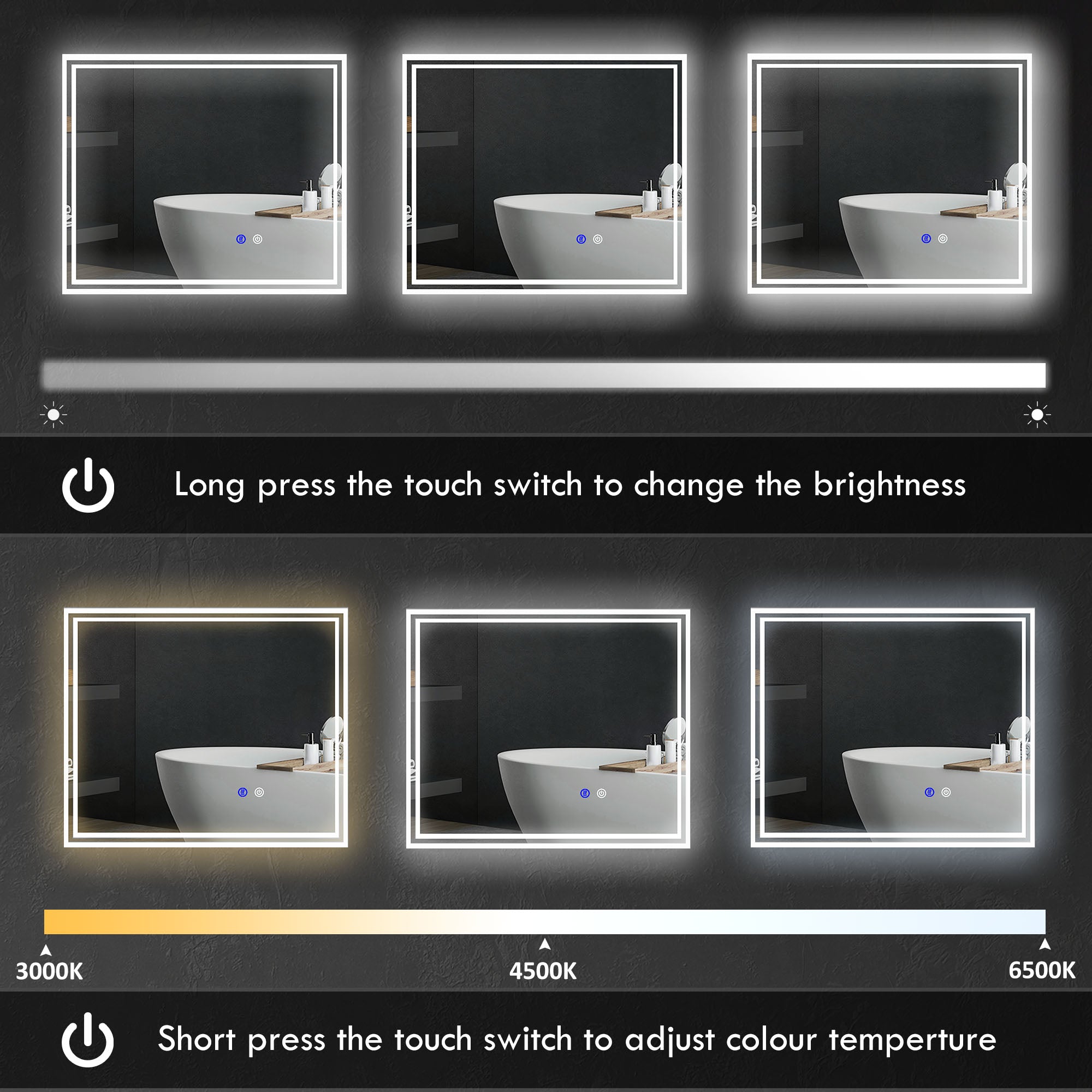 kleankin Bathroom Mirror with LED Lights, Dimmable Makeup Mirror with 3 Temperature Colours, Defogging Film, Memory Function and Aluminium Frame, Hardwired, Horizontal and Vertical, 60 x 50 cm