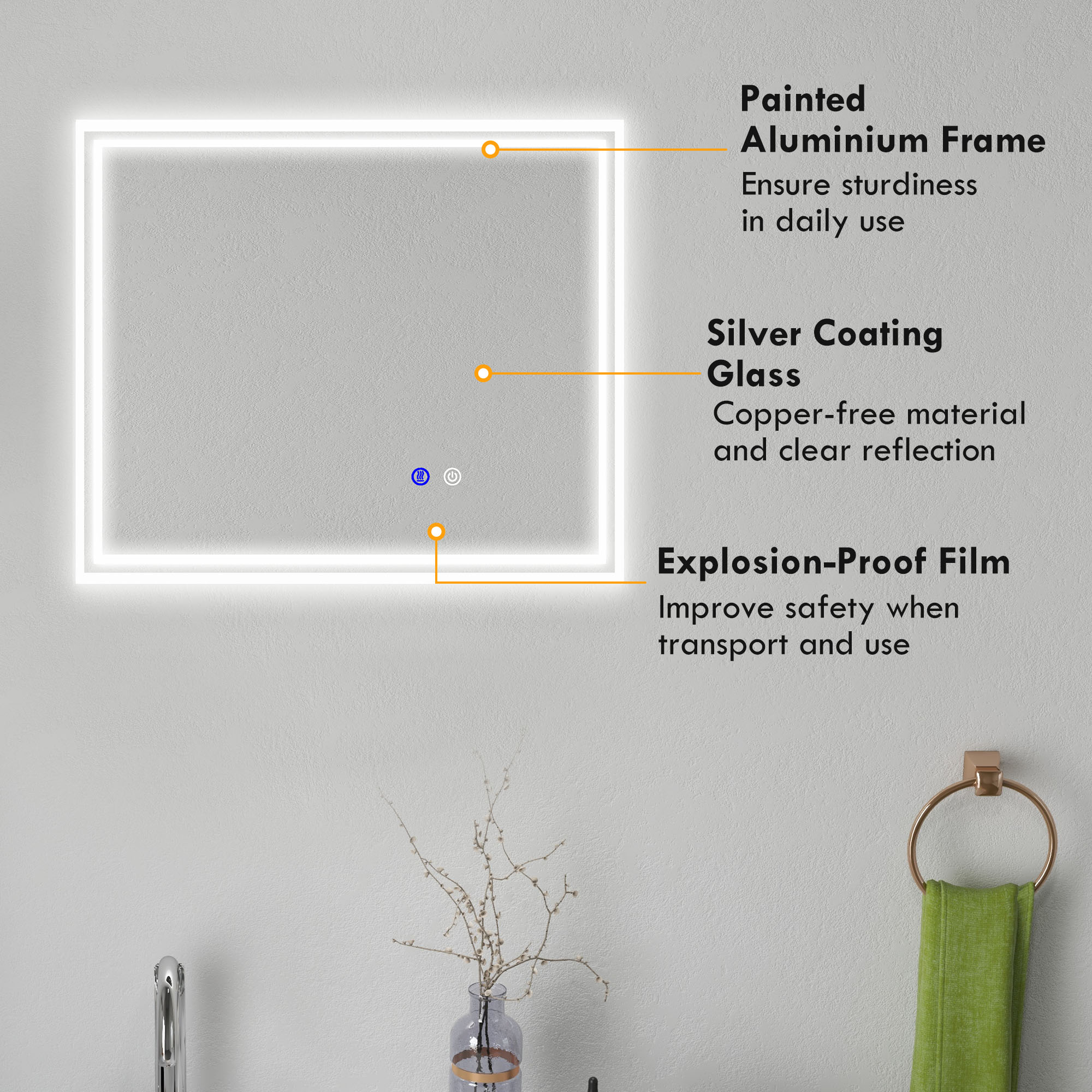 kleankin Bathroom Mirror with LED Lights, Dimmable Makeup Mirror with 3 Temperature Colours, Defogging Film, Memory Function and Aluminium Frame, Hardwired, Horizontal and Vertical, 60 x 50 cm