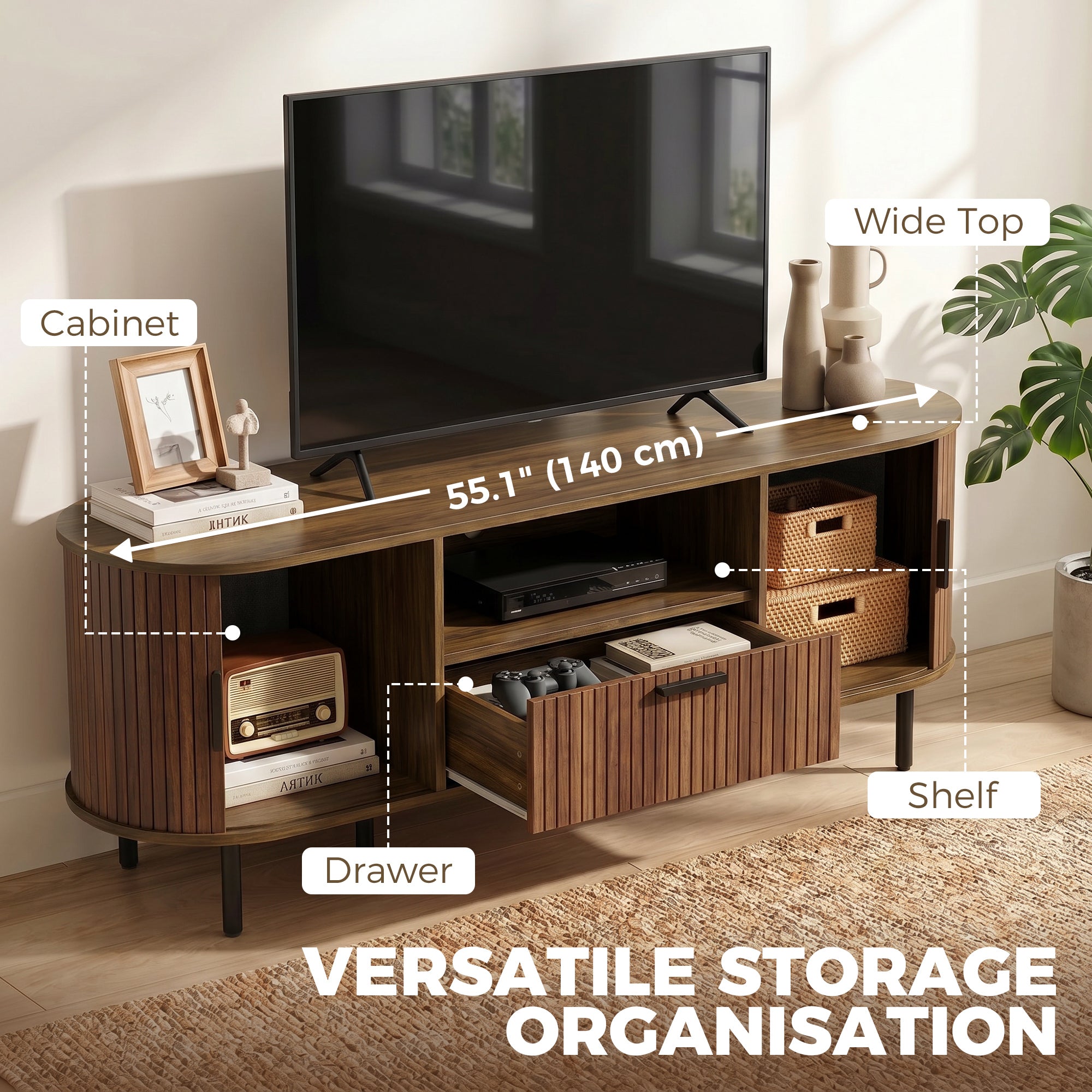 TV Stand for TVs up to 60", Modern Entertainment Center with Curved Sliding Doors, Media Console with Drawer, Cabinet and Shelf, Brown