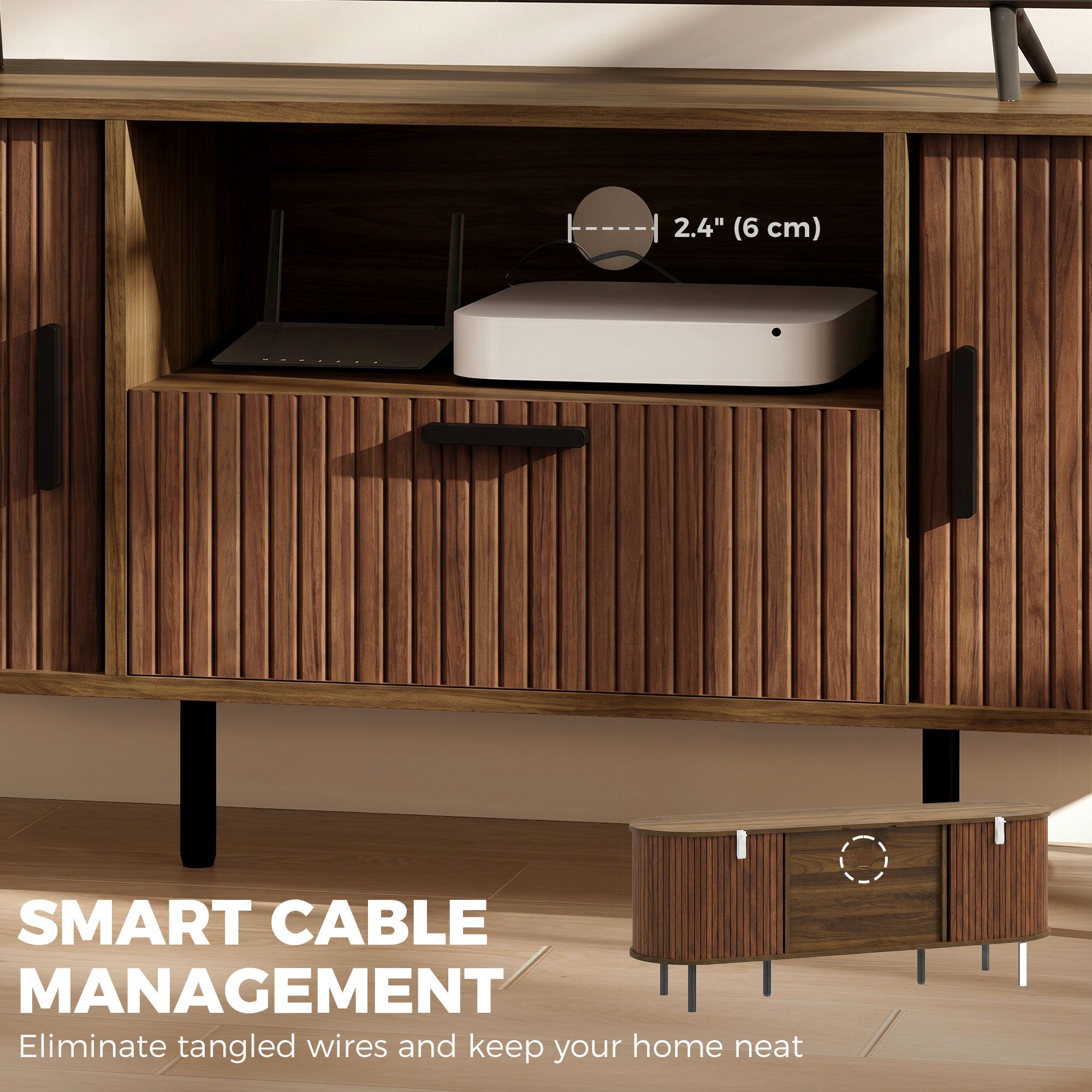 TV Stand for TVs up to 60", Modern Entertainment Center with Curved Sliding Doors, Media Console with Drawer, Cabinet and Shelf, Brown