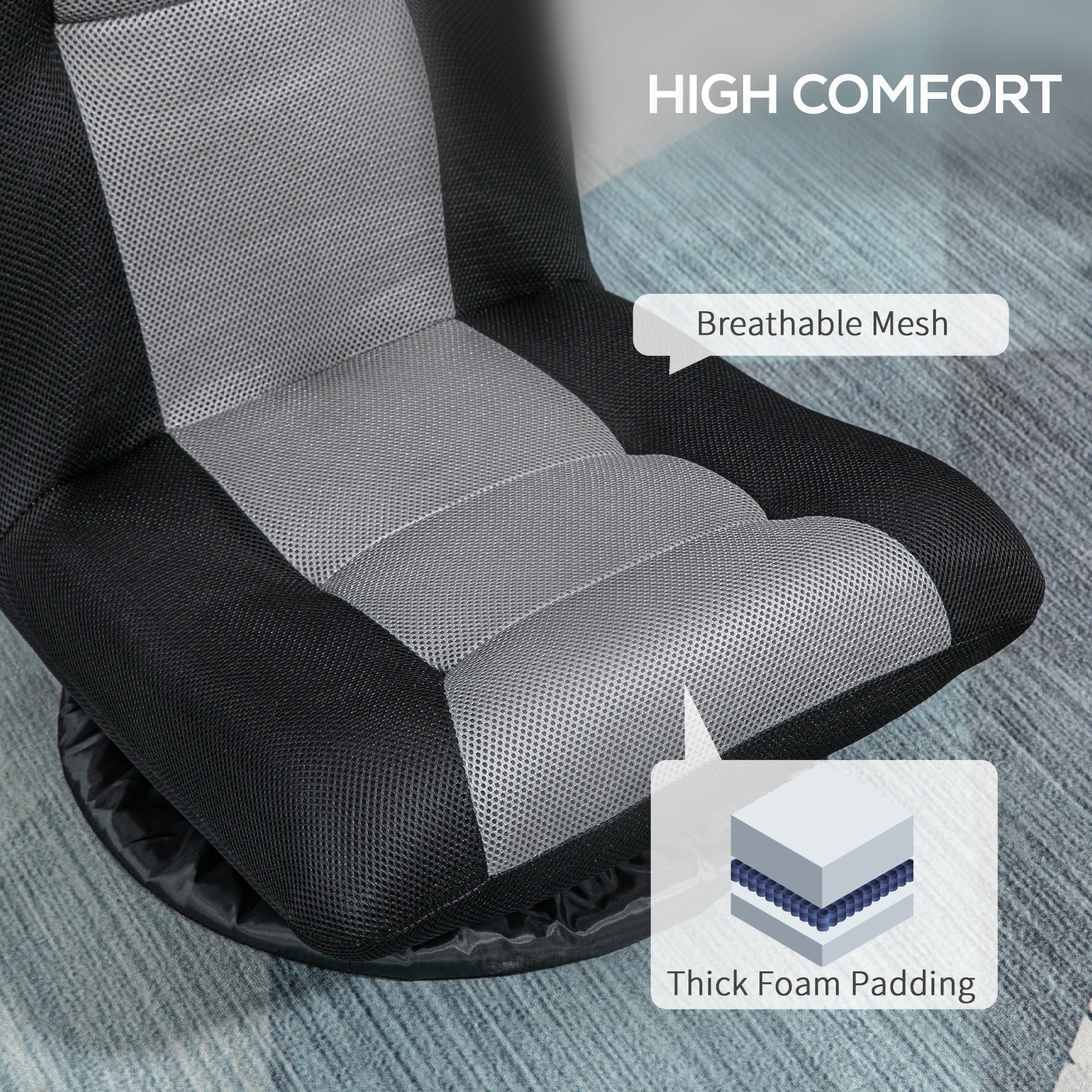 HOMCOM Folding Floor Chair for Adults Teens, 360 Degree Swivel Gaming Chair, 6 Positions Adjustable Lazy Sofa Chair with Padded Backrest for Reading, Gaming, Meditation, Black