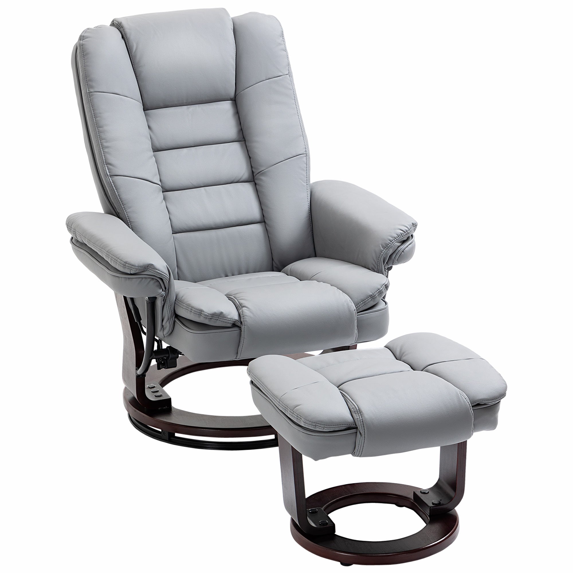 HOMCOM Manual Recliner and Footrest Set PU Leather Leisure Lounge Chair Armchair with Swivel Wood Base, Grey