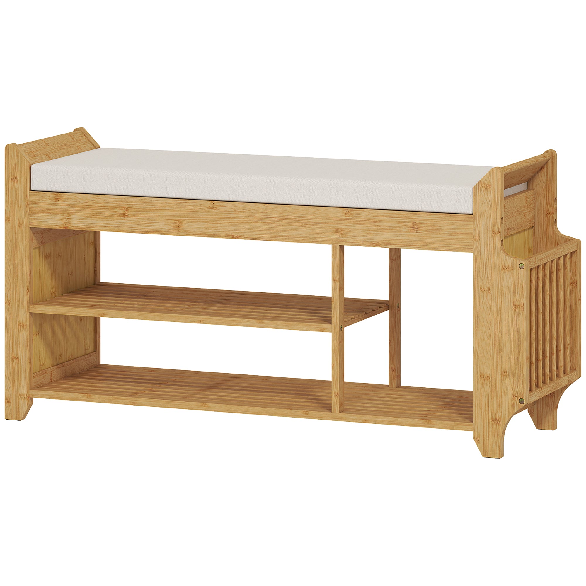 Shoe Bench with Cushioned Seat, 2-Tier Entryway Bench with Side Umbrella Holder, 39.4" in Natural Bamboo Shoe Rack for Hallway, Living Room, Natural and Cream