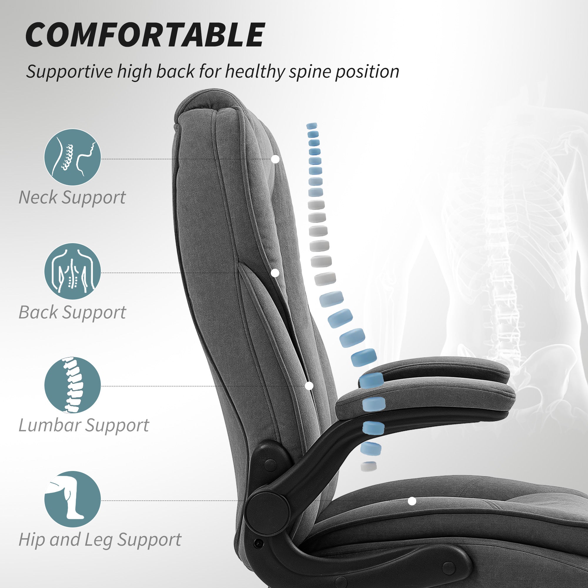 High Back Office Chair, Executive Desk Chair with Swivel Wheels, Flip-up Armrest, Adjustable Height, Modern Diamond Fabric Computer Gaming Chair for Home Office, Dark Grey