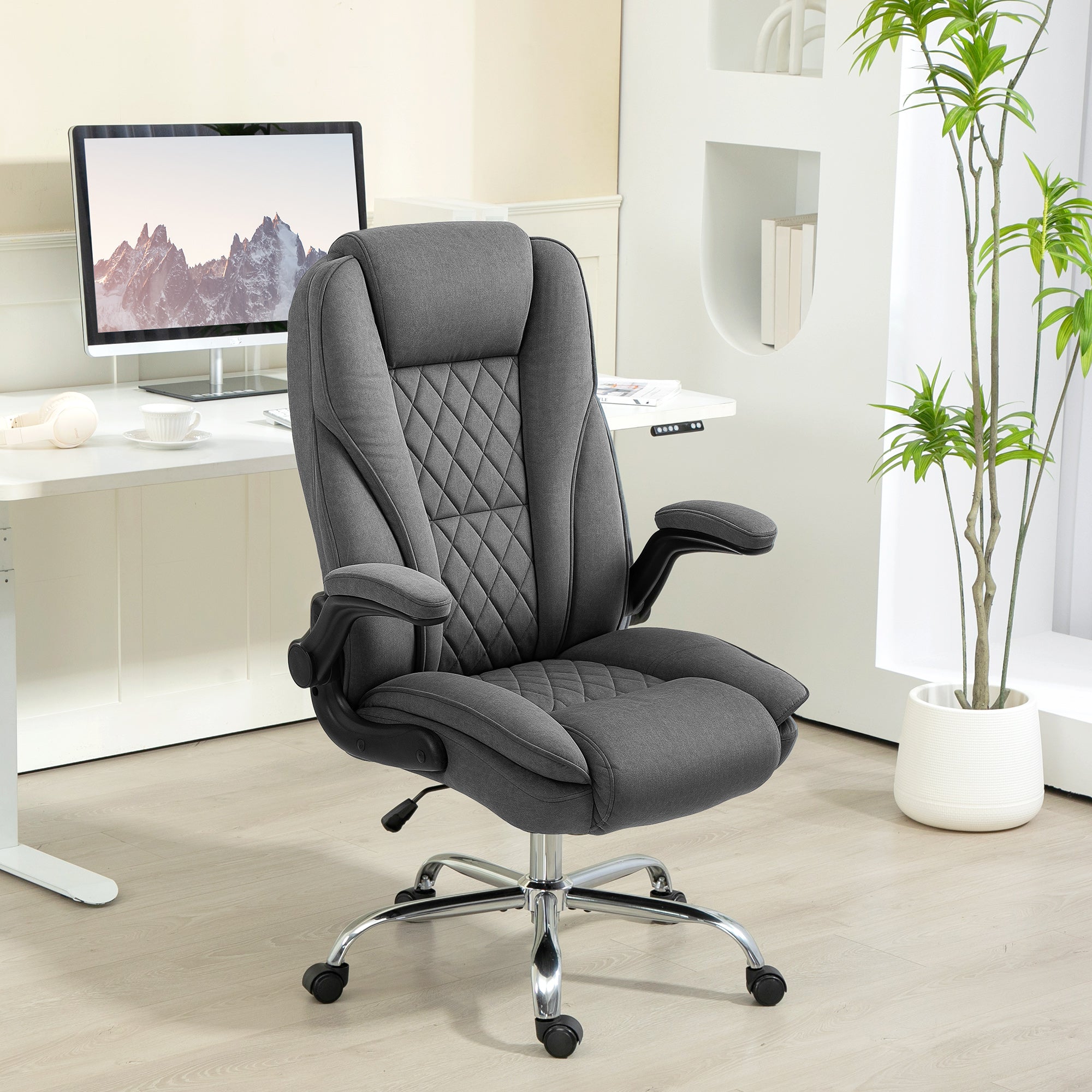 High Back Office Chair, Executive Desk Chair with Swivel Wheels, Flip-up Armrest, Adjustable Height, Modern Diamond Fabric Computer Gaming Chair for Home Office, Dark Grey