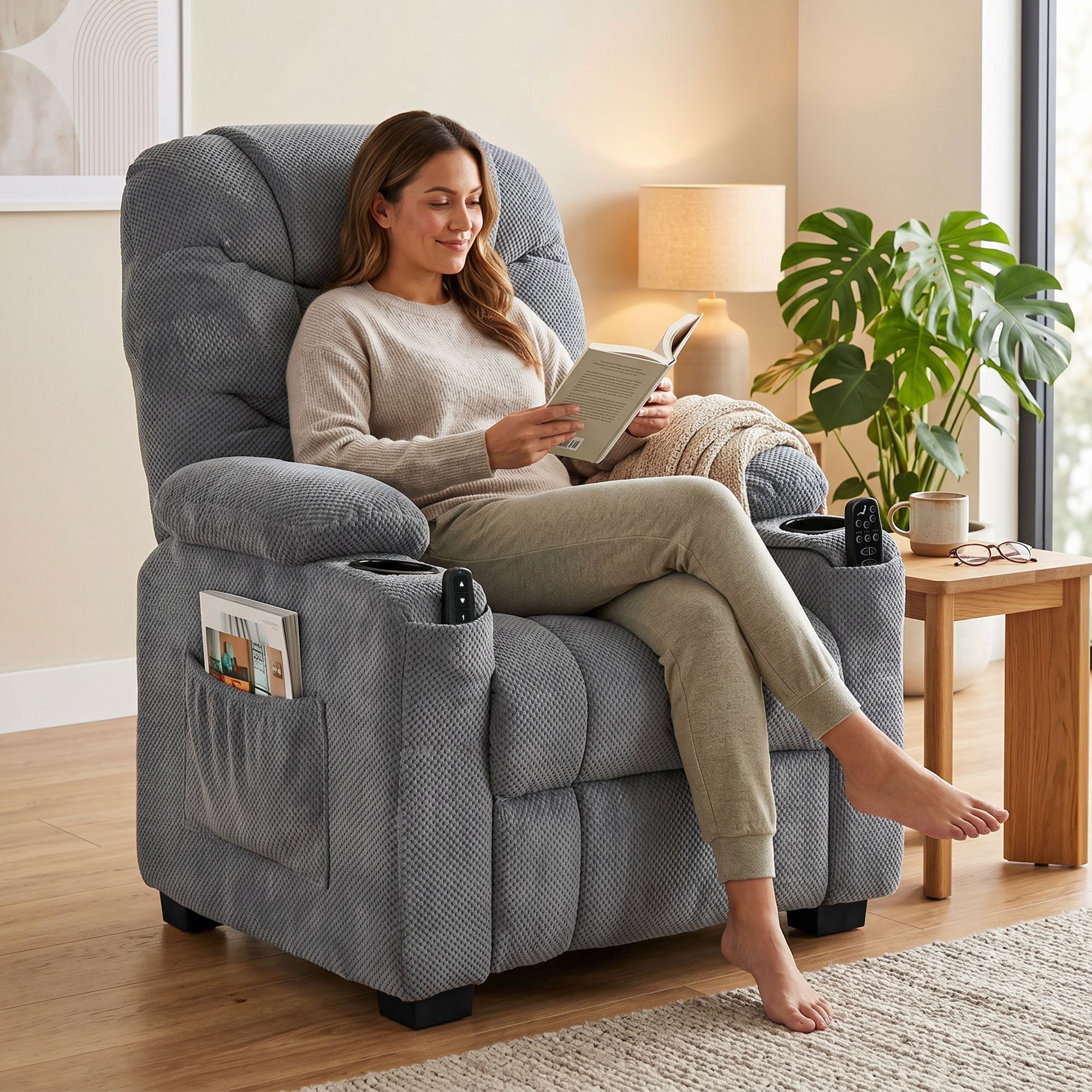 Recliner Armchair with Vibration Massage, Heat, Whisper-Quiet Motor, Memory Function, Fleece Power Reclining Chair with Spring Pack, USB Port, Footrest, Side Pockets, Cup Holders, Dark Grey