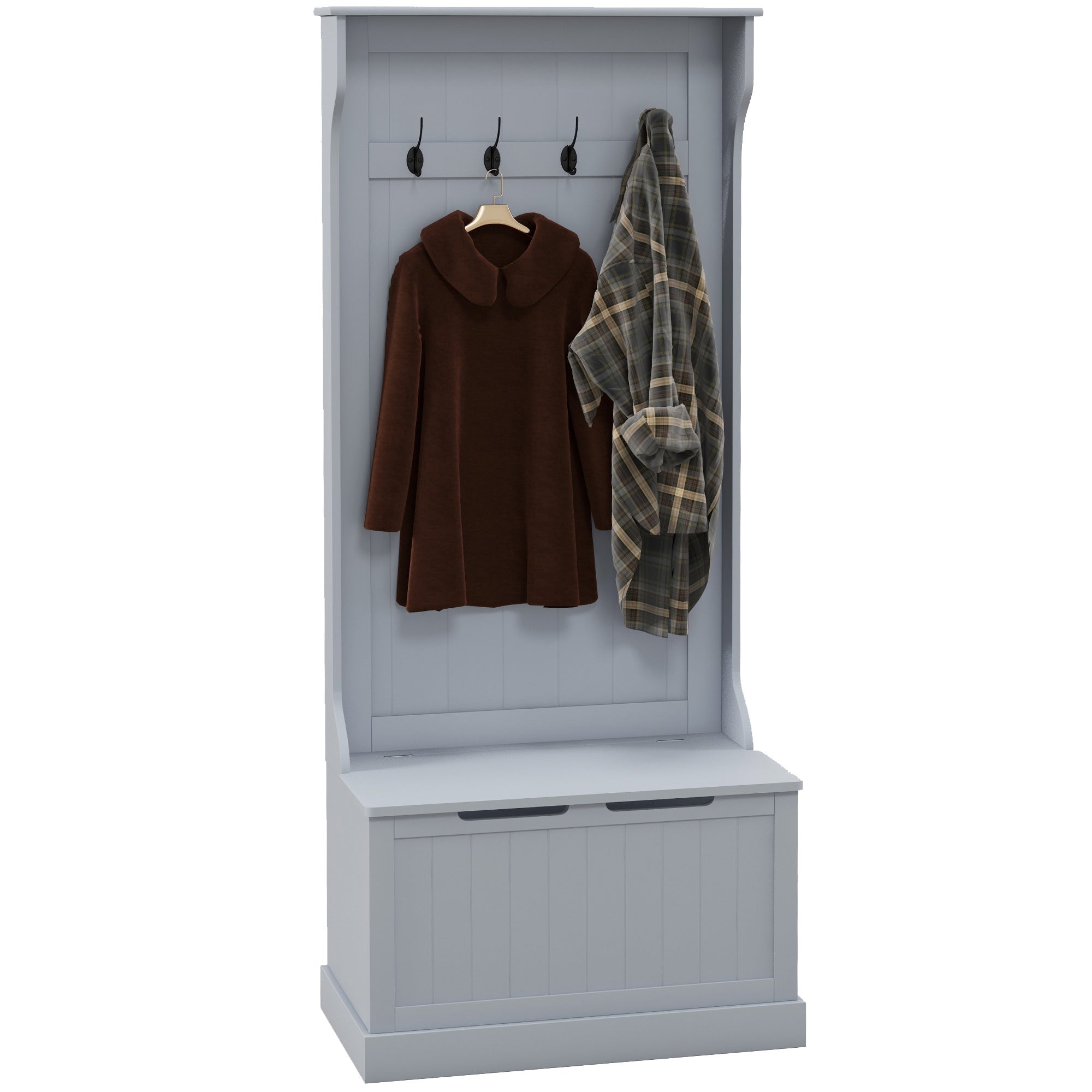 Entryway Hall Tree with Coat Rack, Mudroom Bench with Hidden Storage & Hooks, Gray