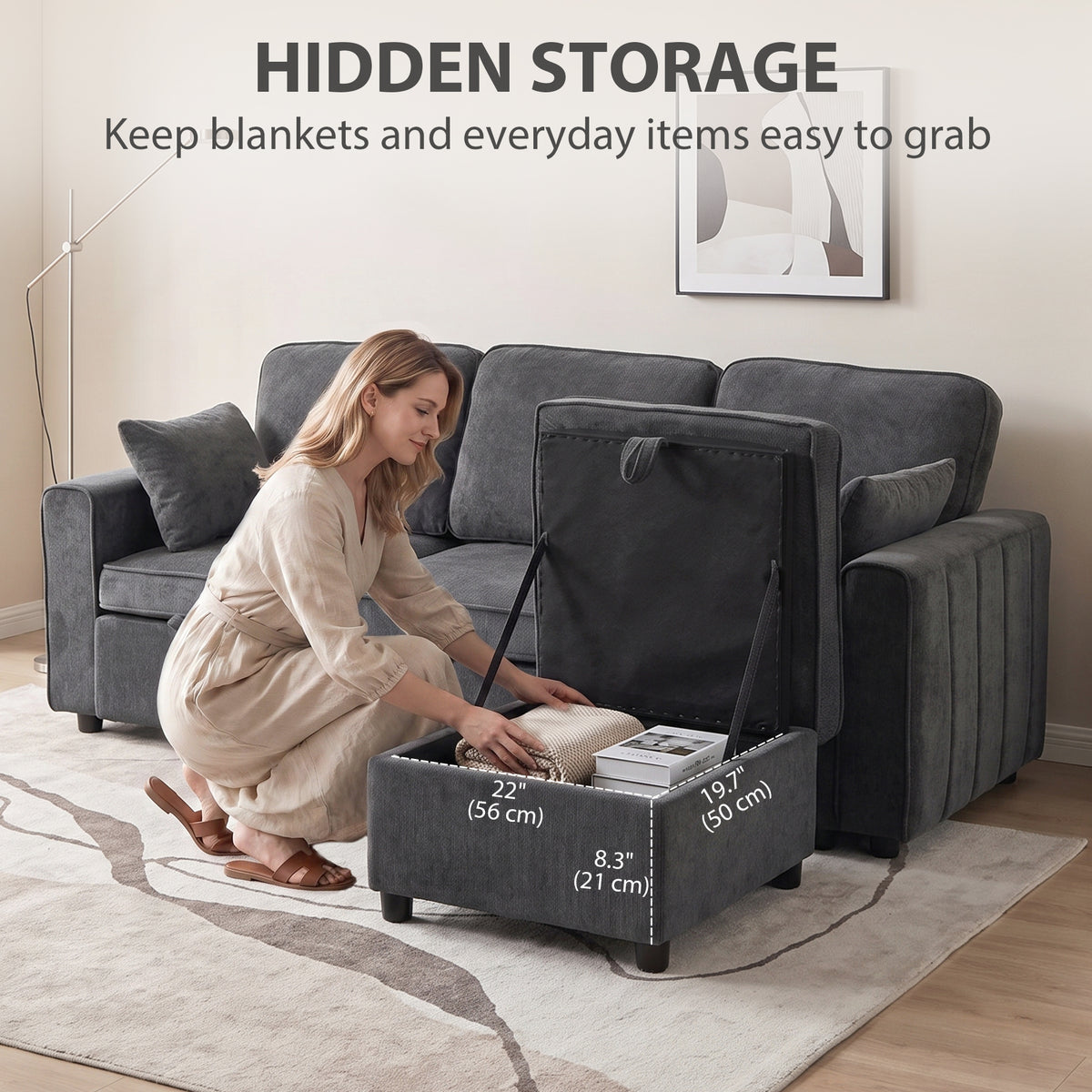 Modular Sectional Sofa Bed with Reversible Storage Ottoman, Chenille Pull Out Sleeper Sofa with Spring Cushion, Wide and Deep Seat, 3 Seater Couch for Living Room, Dark Grey