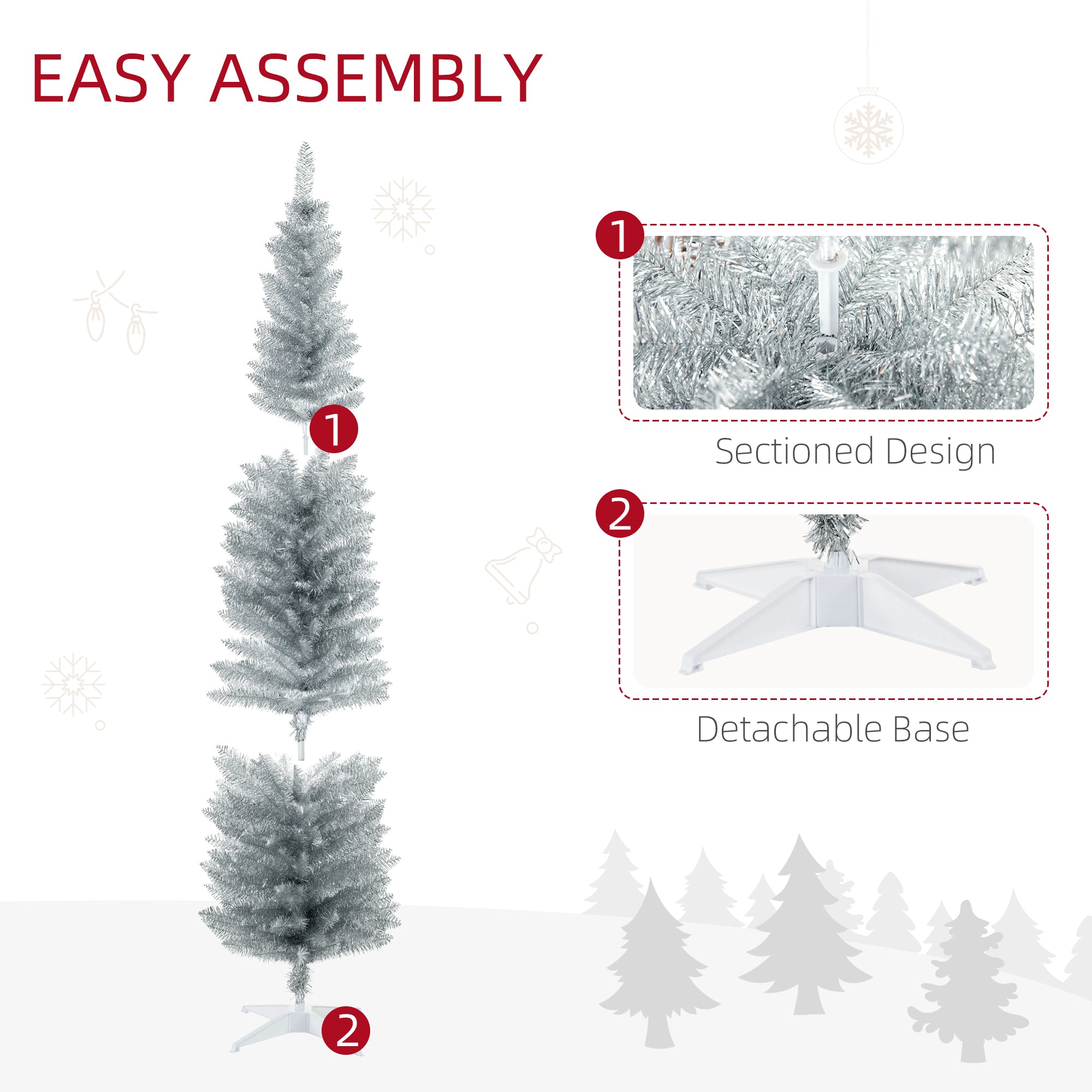 7' Artificial Pencil Christmas Tree, Slim Xmas Tree with 499 Realistic Branch Tips and Plastic Stand, Silver