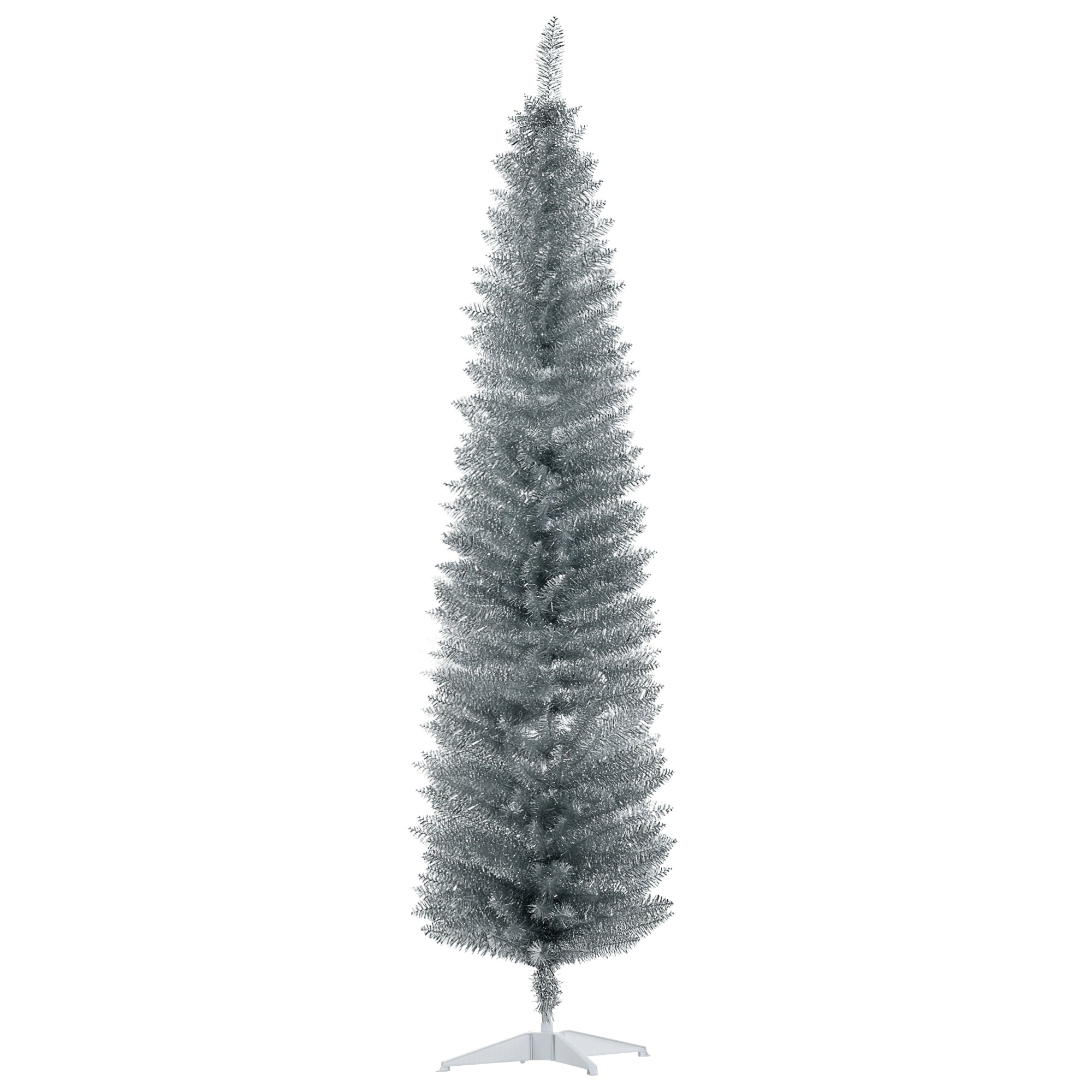 7' Artificial Pencil Christmas Tree, Slim Xmas Tree with 499 Realistic Branch Tips and Plastic Stand, Silver