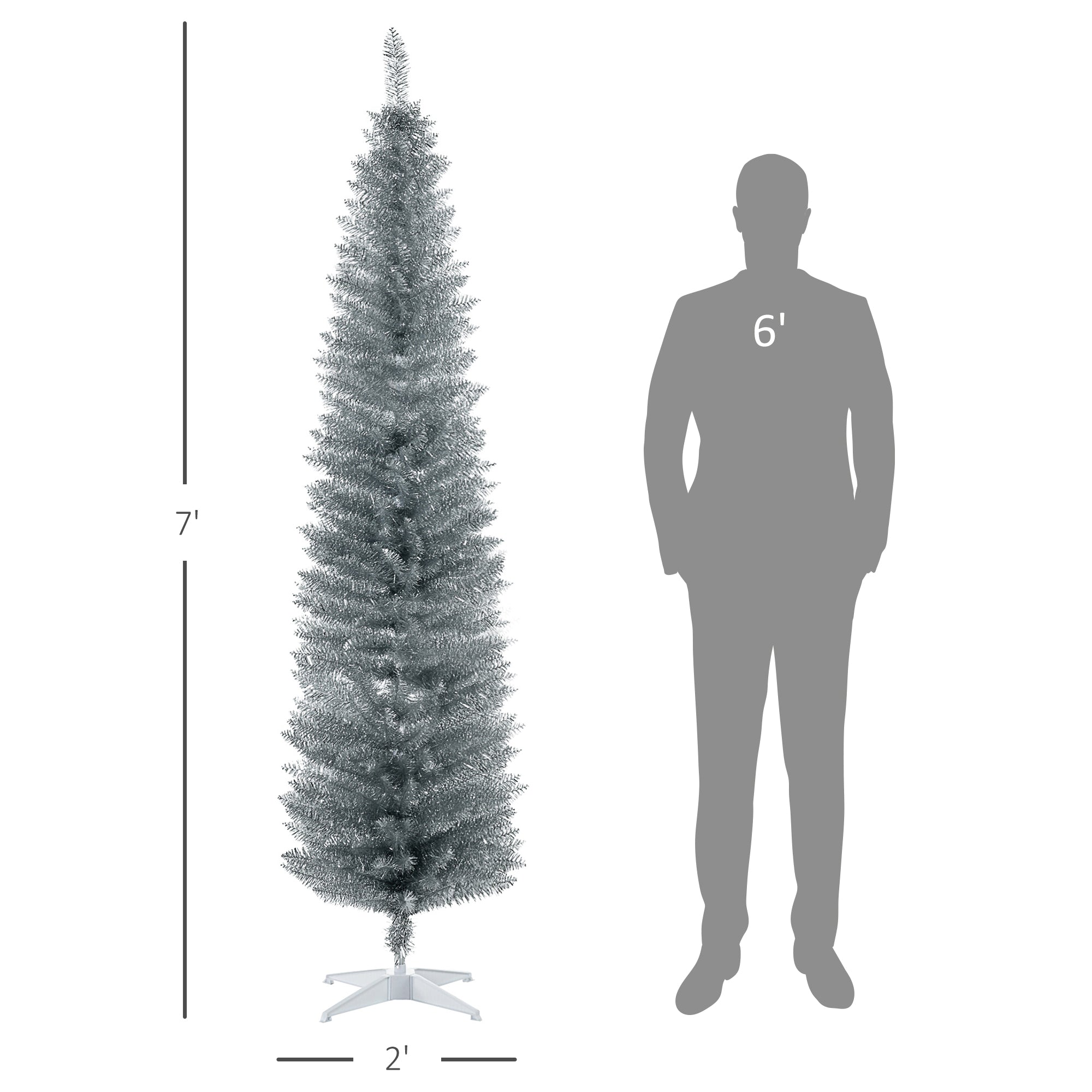7' Artificial Pencil Christmas Tree, Slim Xmas Tree with 499 Realistic Branch Tips and Plastic Stand, Silver