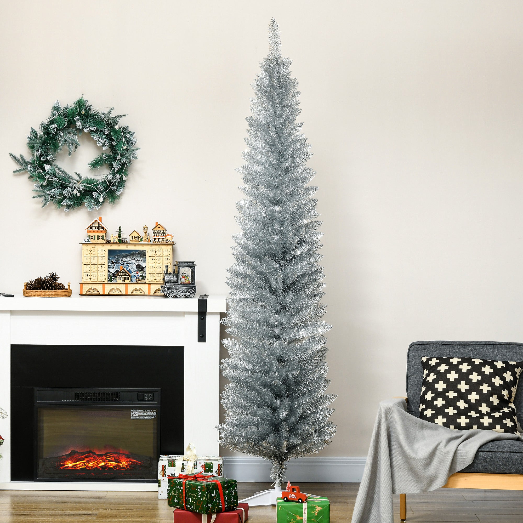 7' Artificial Pencil Christmas Tree, Slim Xmas Tree with 499 Realistic Branch Tips and Plastic Stand, Silver