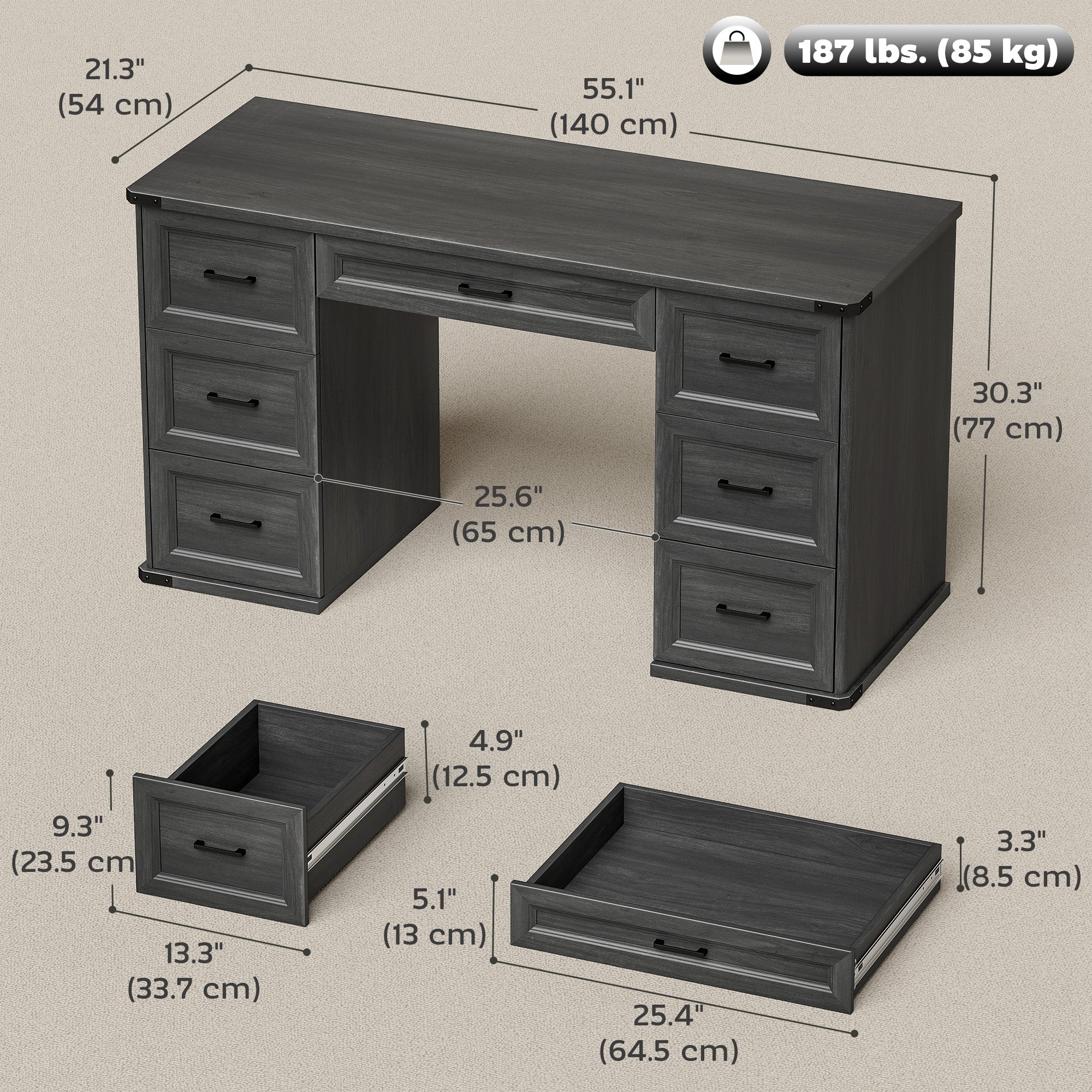 55" Farmhouse Executive Desk, Computer Desk with Drawers, Study Table for Home Office, Bedroom, Black Wood Grain