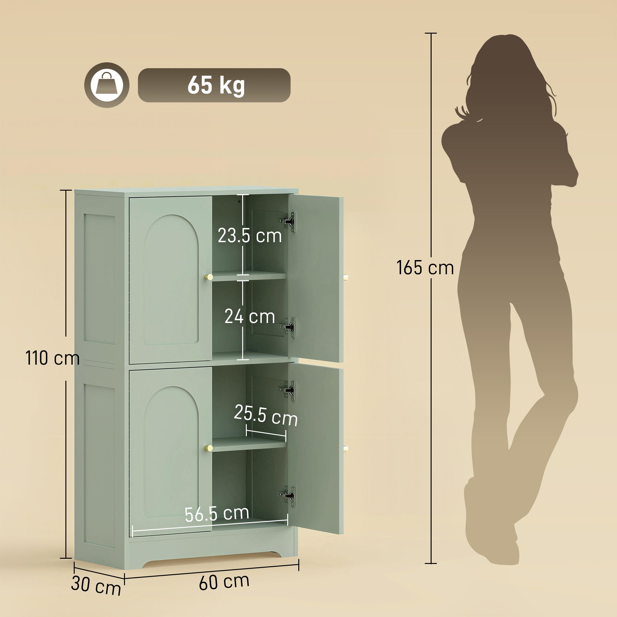 110cm Kitchen Cupboard, Freestanding Kitchen Storage Cabinet with 4 Arched Doors and 2 Adjustable Shelves, Modern Pantry Cupboard for Dining Room, Green