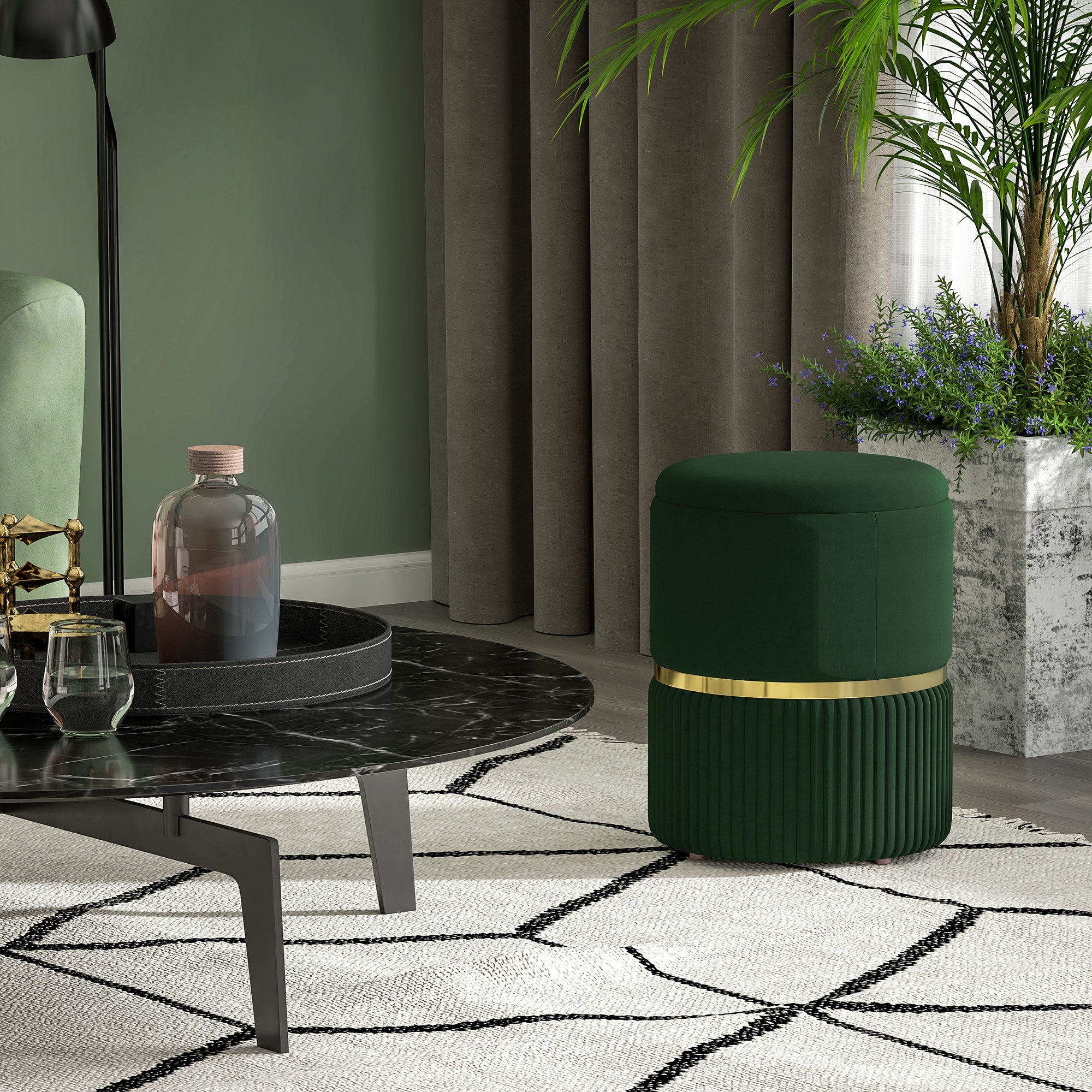 HOMCOM Round Pouffe, Velvet-feel Fabric Upholstered Storage Foot Stool with Removable Top, Padded Seat and Hidden Space for Living Room, Dark Green