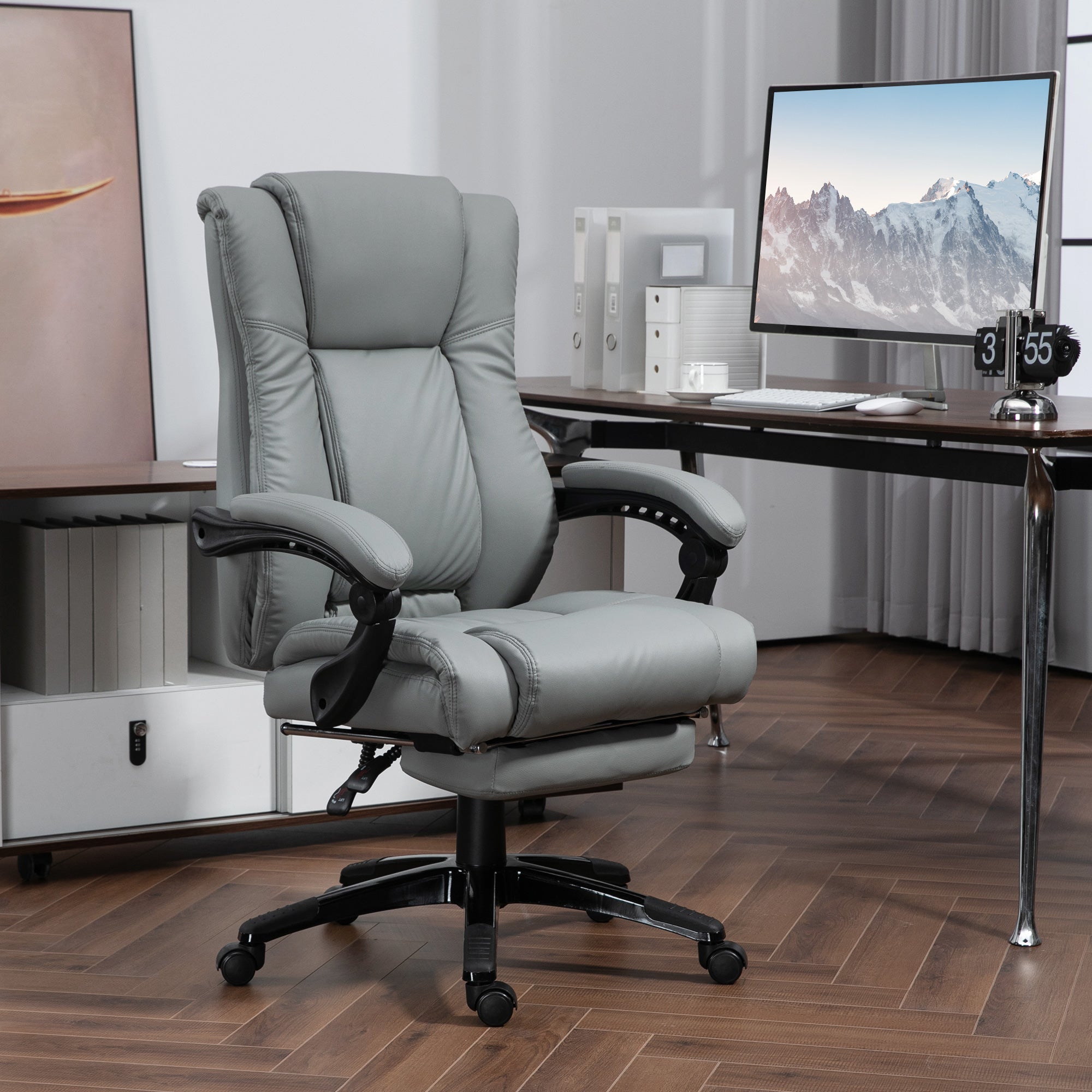 Vinsetto Executive Office Chair for Home, PU Leather Computer Chair, Swivel Desk Chair with Footrest, Wheels, Adjustable Height, Grey