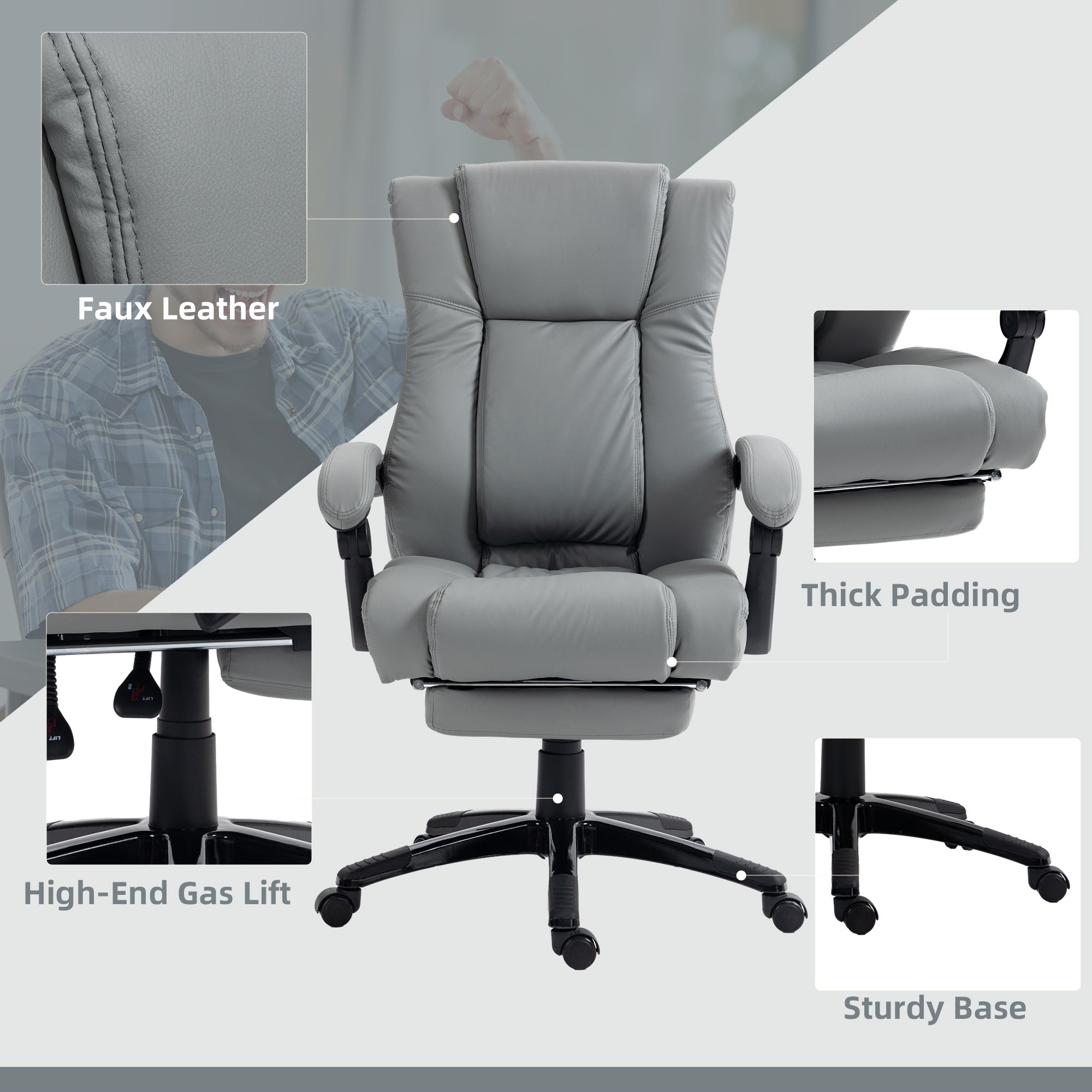 Vinsetto Executive Office Chair for Home, PU Leather Computer Chair, Swivel Desk Chair with Footrest, Wheels, Adjustable Height, Grey