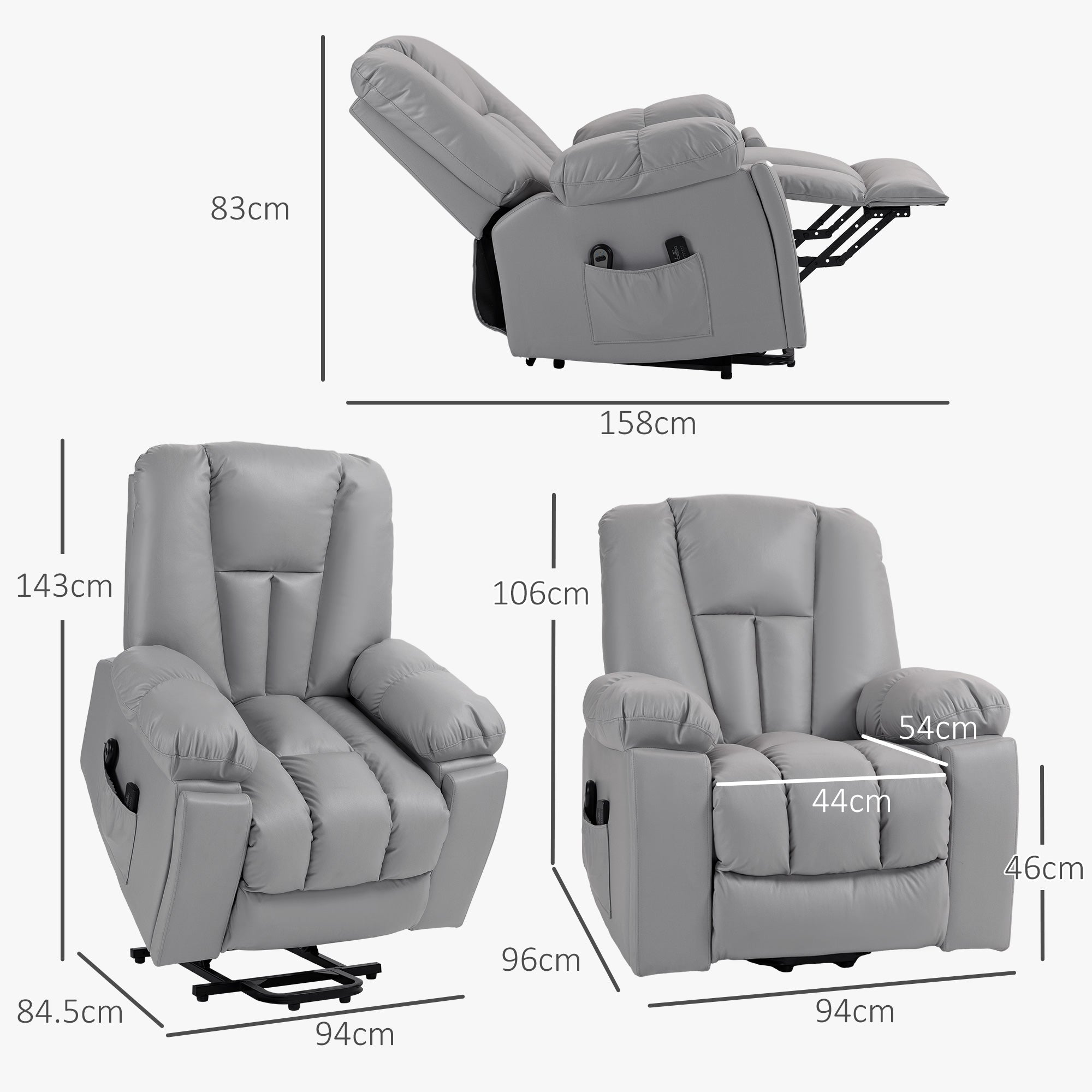 HOMCOM Riser and Recliner Chair for the Elderly, Quick Assembly, Lift Chair with Vibration Massage, Remote Control, Side Pockets, Pocket Spring, Cup Holder, Charcoal Grey