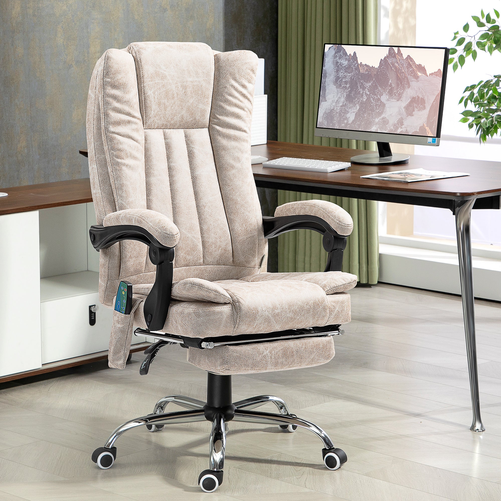 Vinsetto Office Chair with Massage and Heat, Microfibre Reclining Computer Desk Chair with Footrest and Adjustable Height, Swivel Wheels for Home Office, Cream White