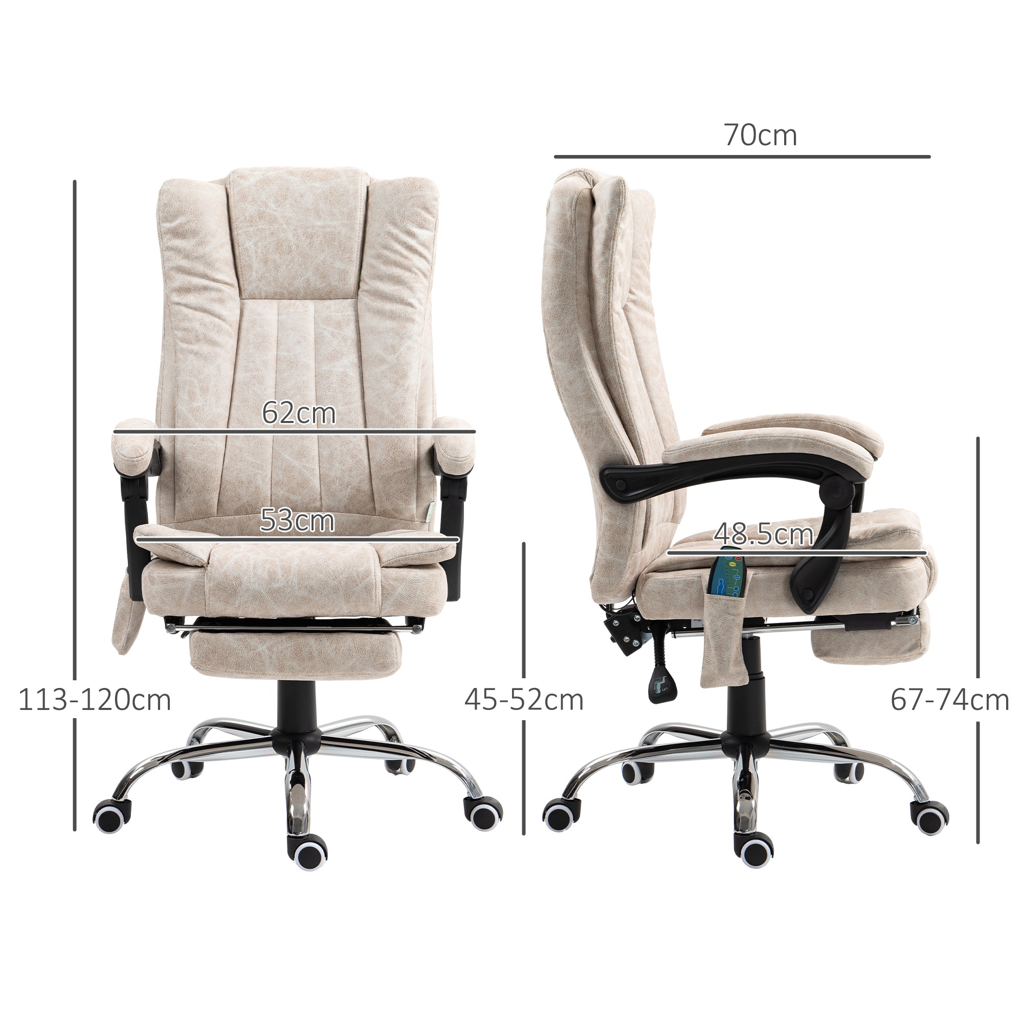 Vinsetto Office Chair with Massage and Heat, Microfibre Reclining Computer Desk Chair with Footrest and Adjustable Height, Swivel Wheels for Home Office, Cream White