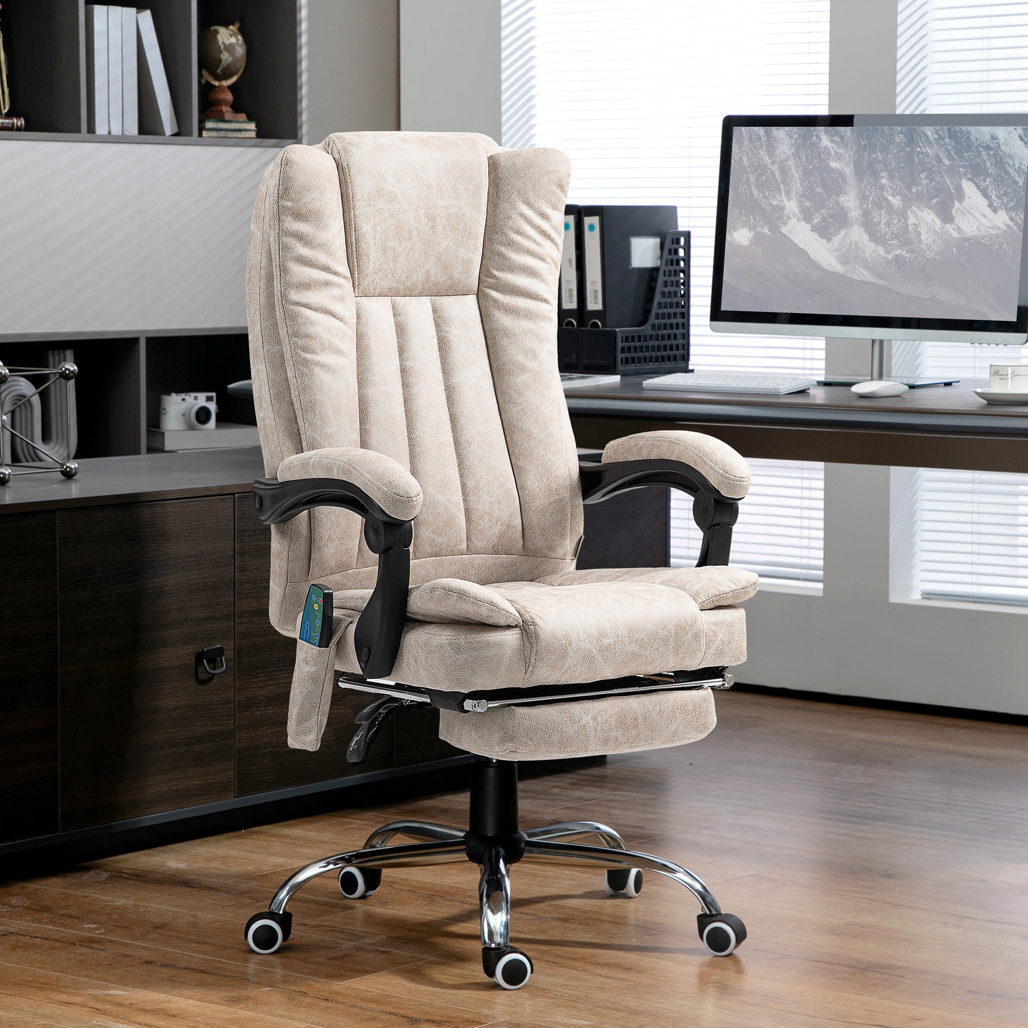 Vinsetto Office Chair with Massage and Heat, Microfibre Reclining Computer Desk Chair with Footrest and Adjustable Height, Swivel Wheels for Home Office, Cream White