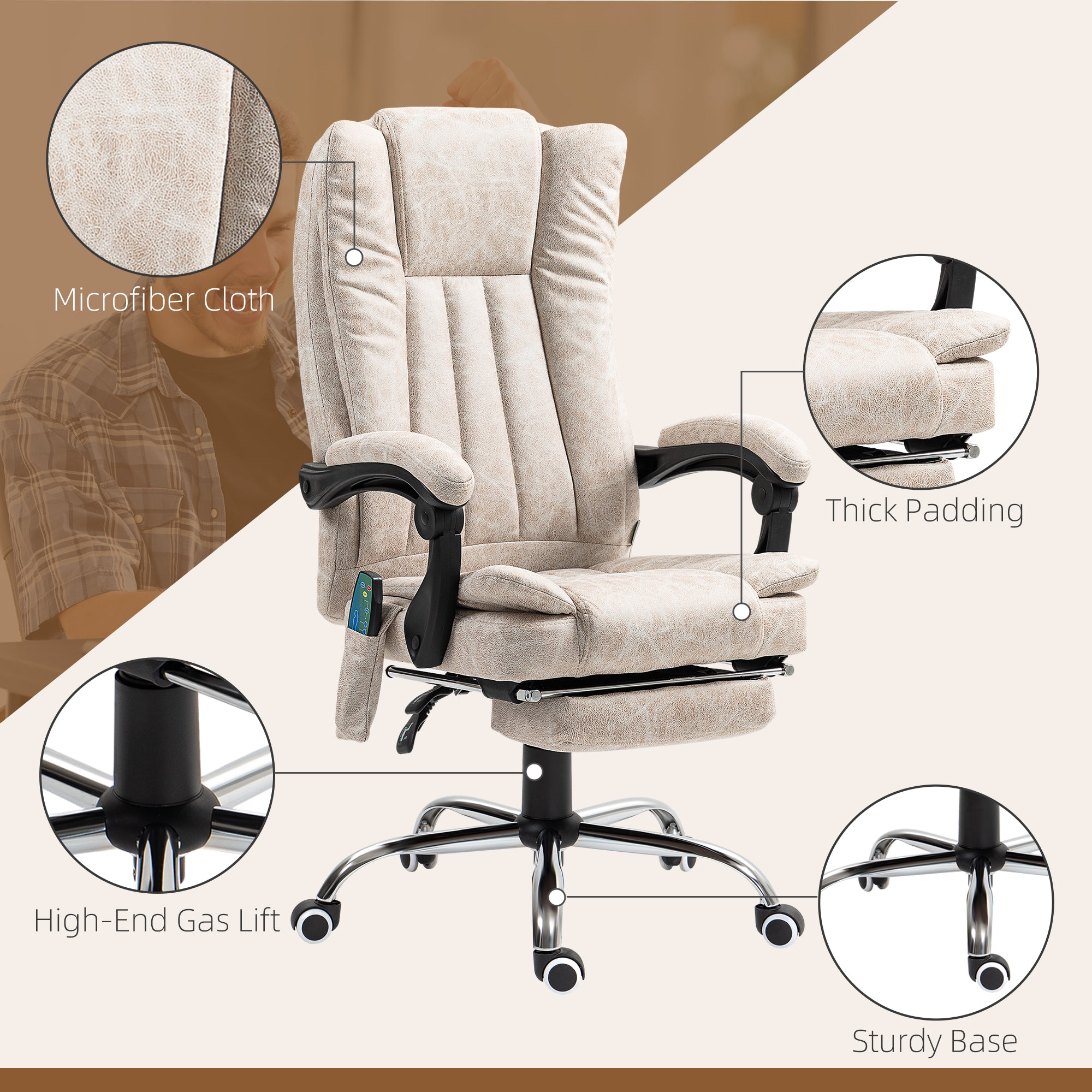 Vinsetto Office Chair with Massage and Heat, Microfibre Reclining Computer Desk Chair with Footrest and Adjustable Height, Swivel Wheels for Home Office, Cream White