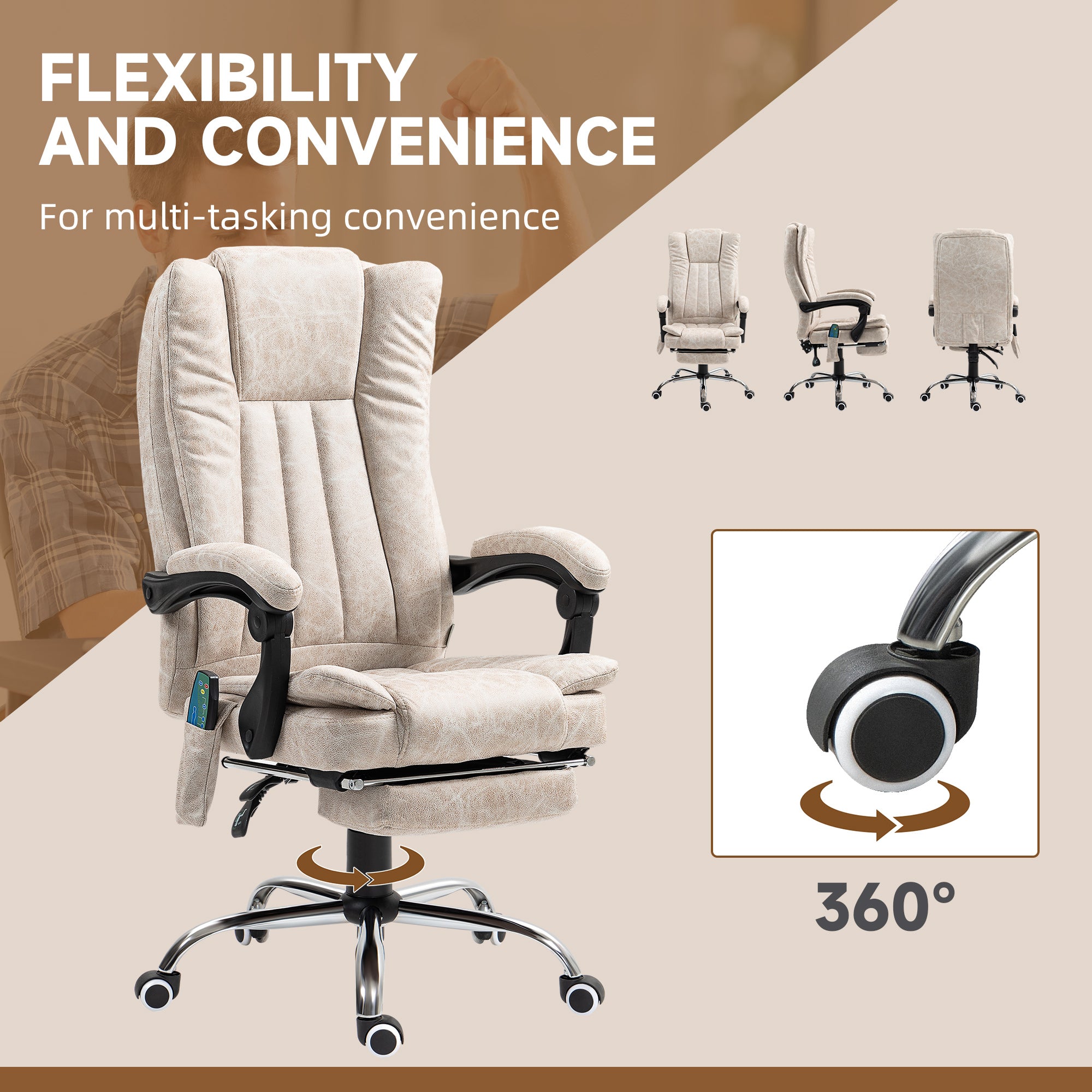Vinsetto Office Chair with Massage and Heat, Microfibre Reclining Computer Desk Chair with Footrest and Adjustable Height, Swivel Wheels for Home Office, Cream White