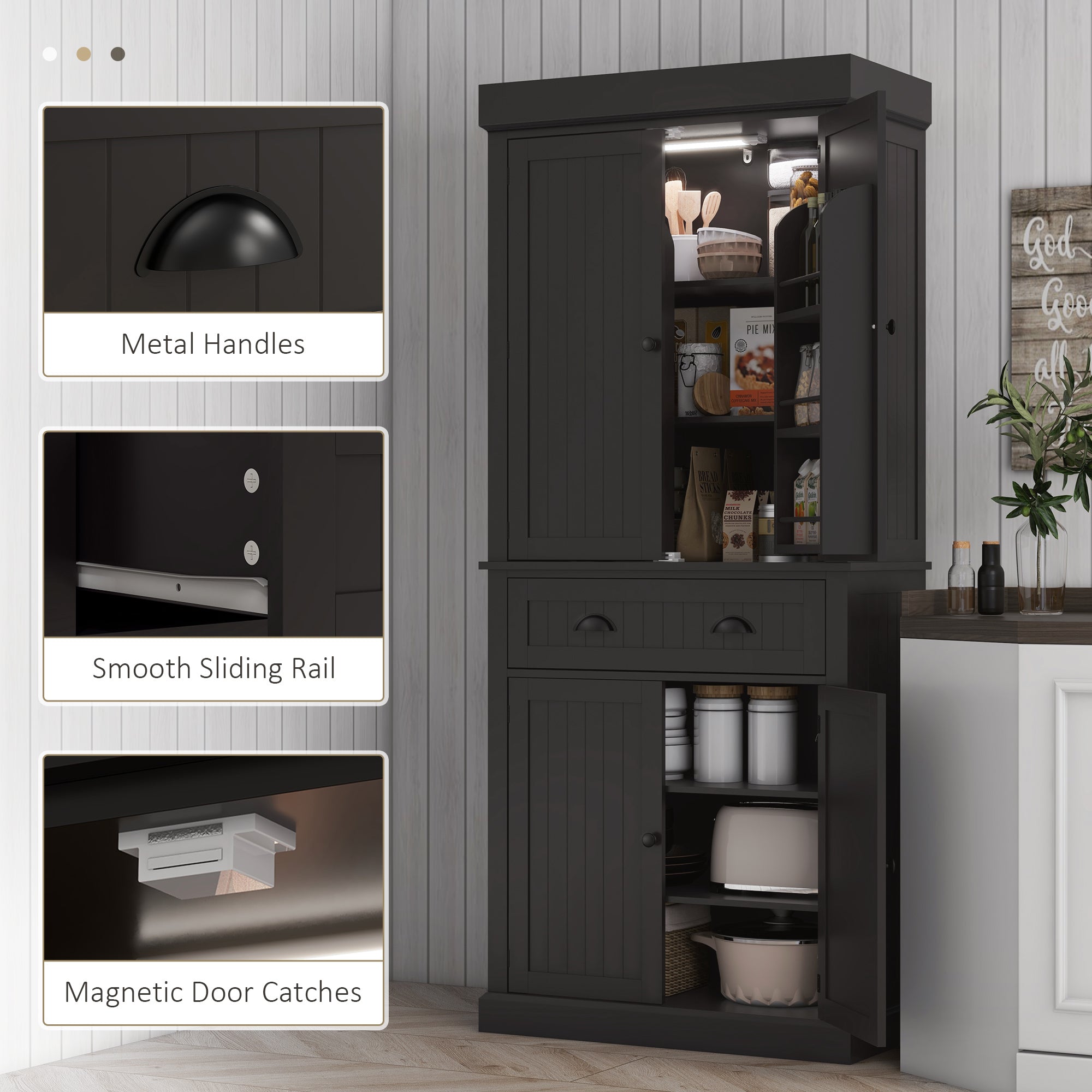 71" Pantry Cabinet with LED Motion Sensor Light, Freestanding Kitchen Pantry with 6 Spice Racks, Drawer and Adjustable Shelves, Tall Buffet Cabinet with Hutch, Black