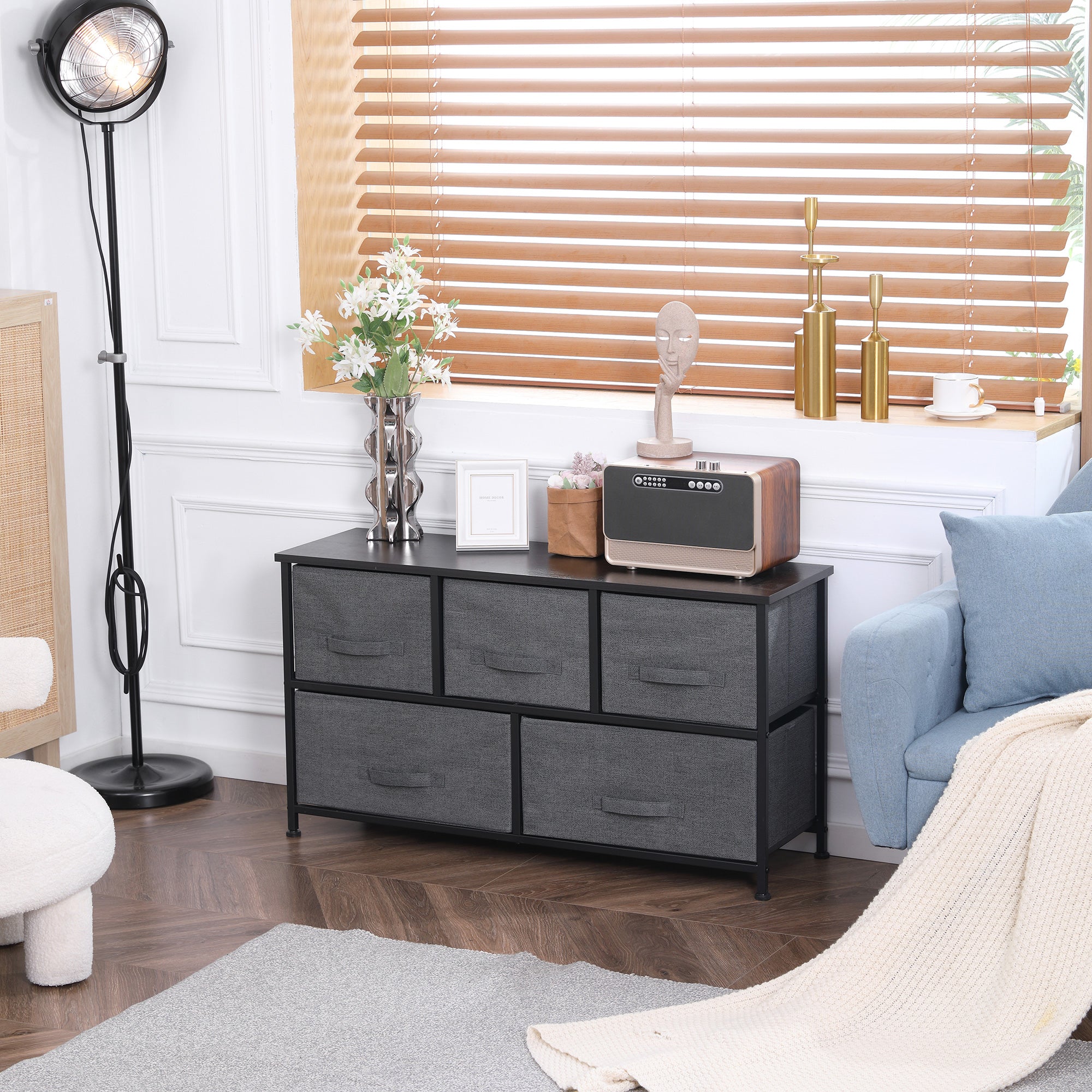 Linen Drawer Cabinet Organizer Storage Dresser Tower with 5 Removable Drawer Metal Frame Adjustable Feet for Living Room, Kitchen, Bathroom, Dark Grey