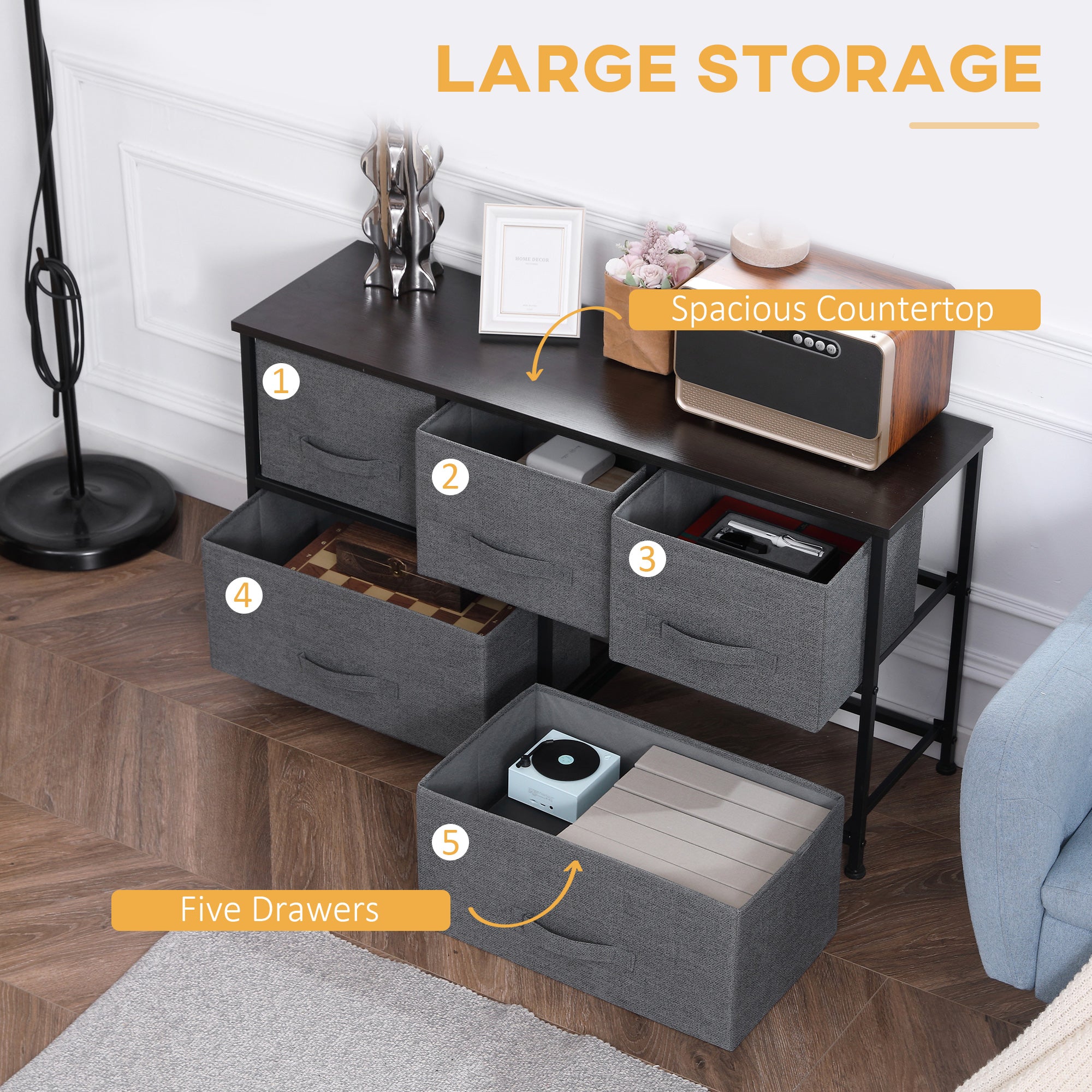 Linen Drawer Cabinet Organizer Storage Dresser Tower with 5 Removable Drawer Metal Frame Adjustable Feet for Living Room, Kitchen, Bathroom, Dark Grey