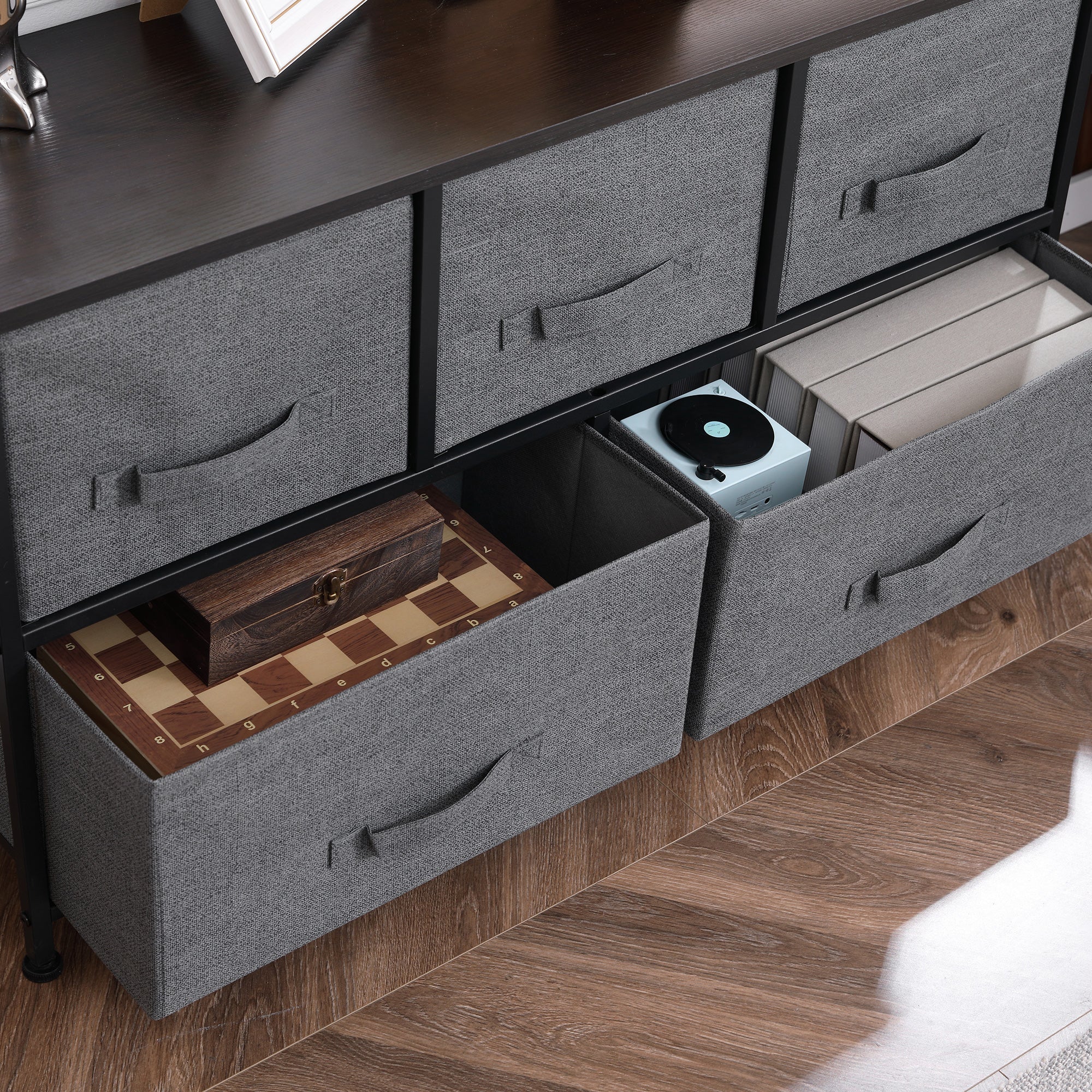 Linen Drawer Cabinet Organizer Storage Dresser Tower with 5 Removable Drawer Metal Frame Adjustable Feet for Living Room, Kitchen, Bathroom, Dark Grey