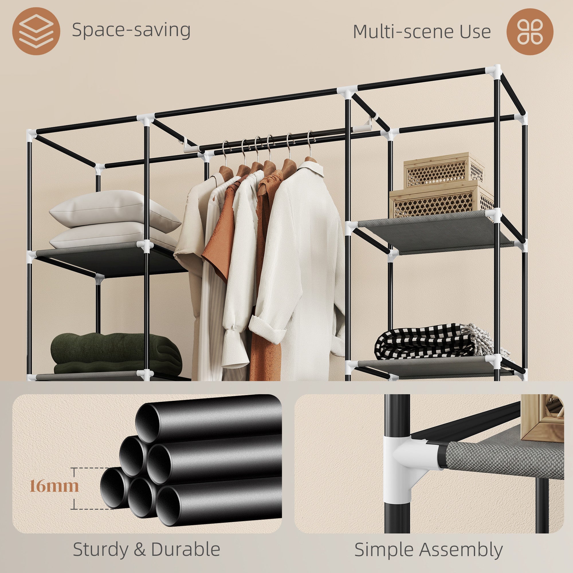 Portable Wardrobe, Foldable Fabric Wardrobe, 150 x 43 x 162.5cm, Clothes Storage Organiser with Hanging Rail, Shelves, Fabric Cover for Bedroom, Dark Grey