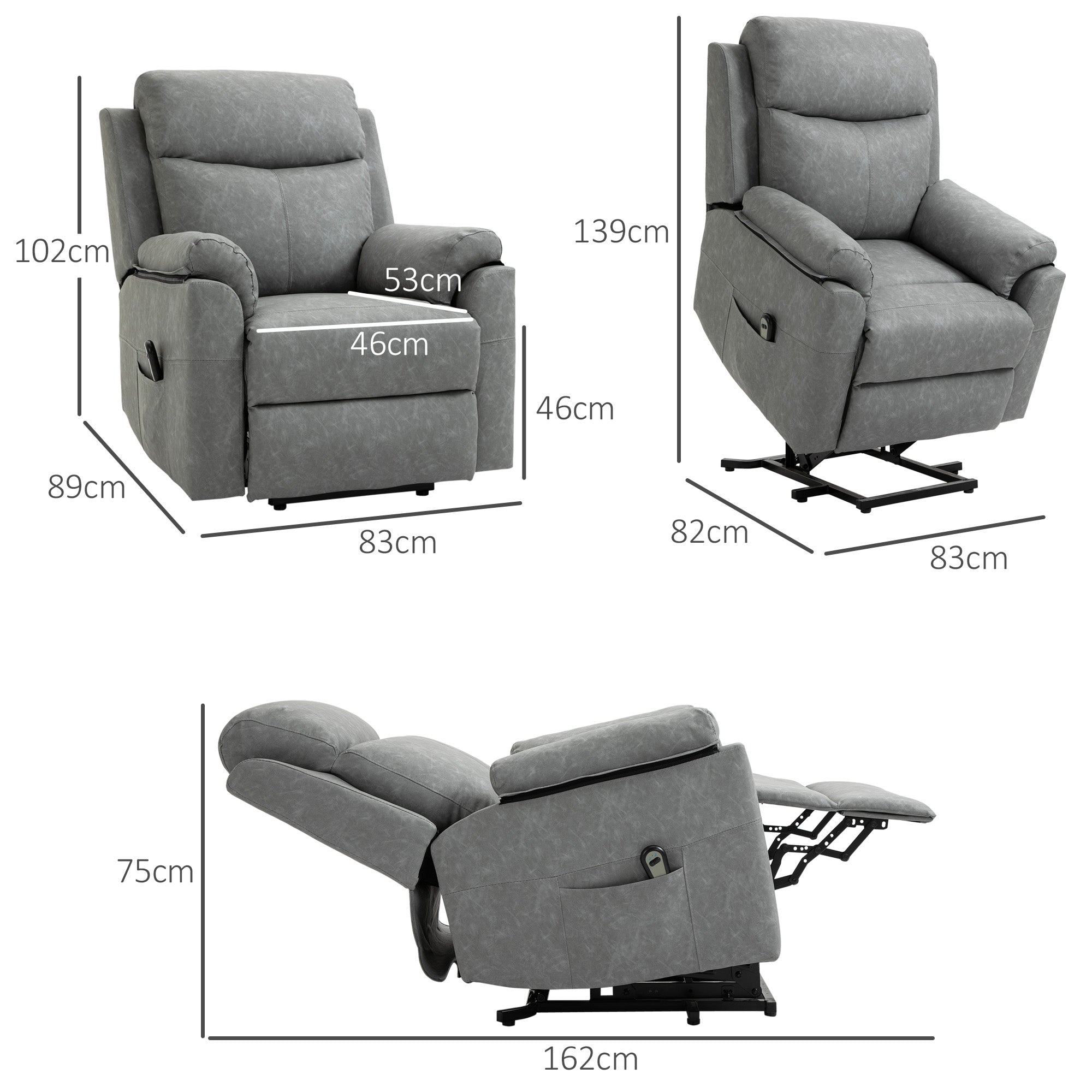 HOMCOM Power Lift Recliner Chair, Electric Lift Chair for Elderly, Overstuffed Faux Leather Riser and Reclining Armchair with Remote Control, Side Pockets, for Living Room, Grey