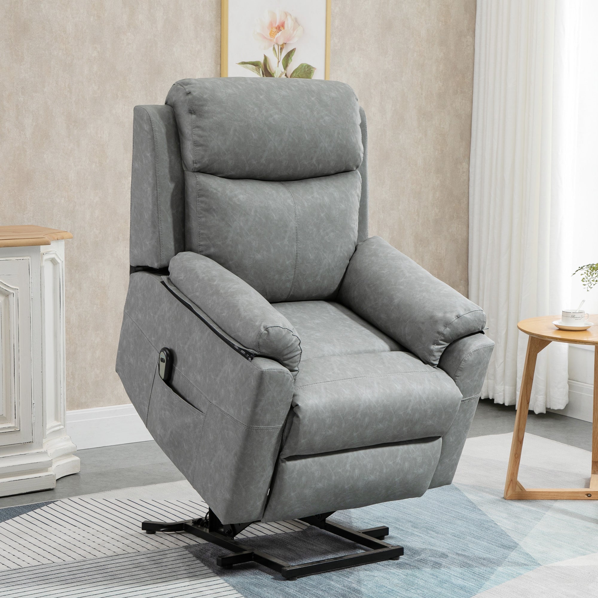 HOMCOM Power Lift Recliner Chair, Electric Lift Chair for Elderly, Overstuffed Faux Leather Riser and Reclining Armchair with Remote Control, Side Pockets, for Living Room, Grey