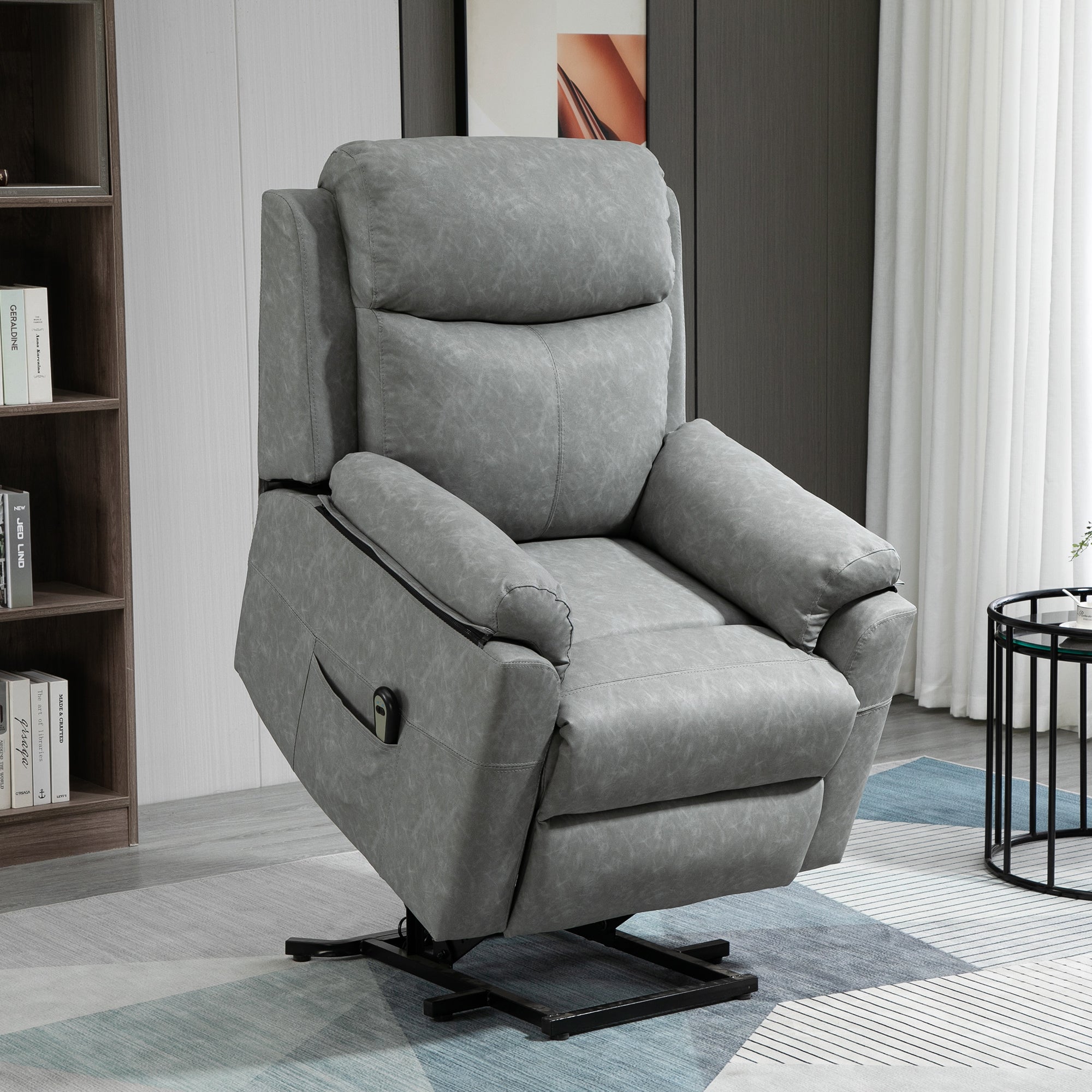HOMCOM Power Lift Recliner Chair, Electric Lift Chair for Elderly, Overstuffed Faux Leather Riser and Reclining Armchair with Remote Control, Side Pockets, for Living Room, Grey