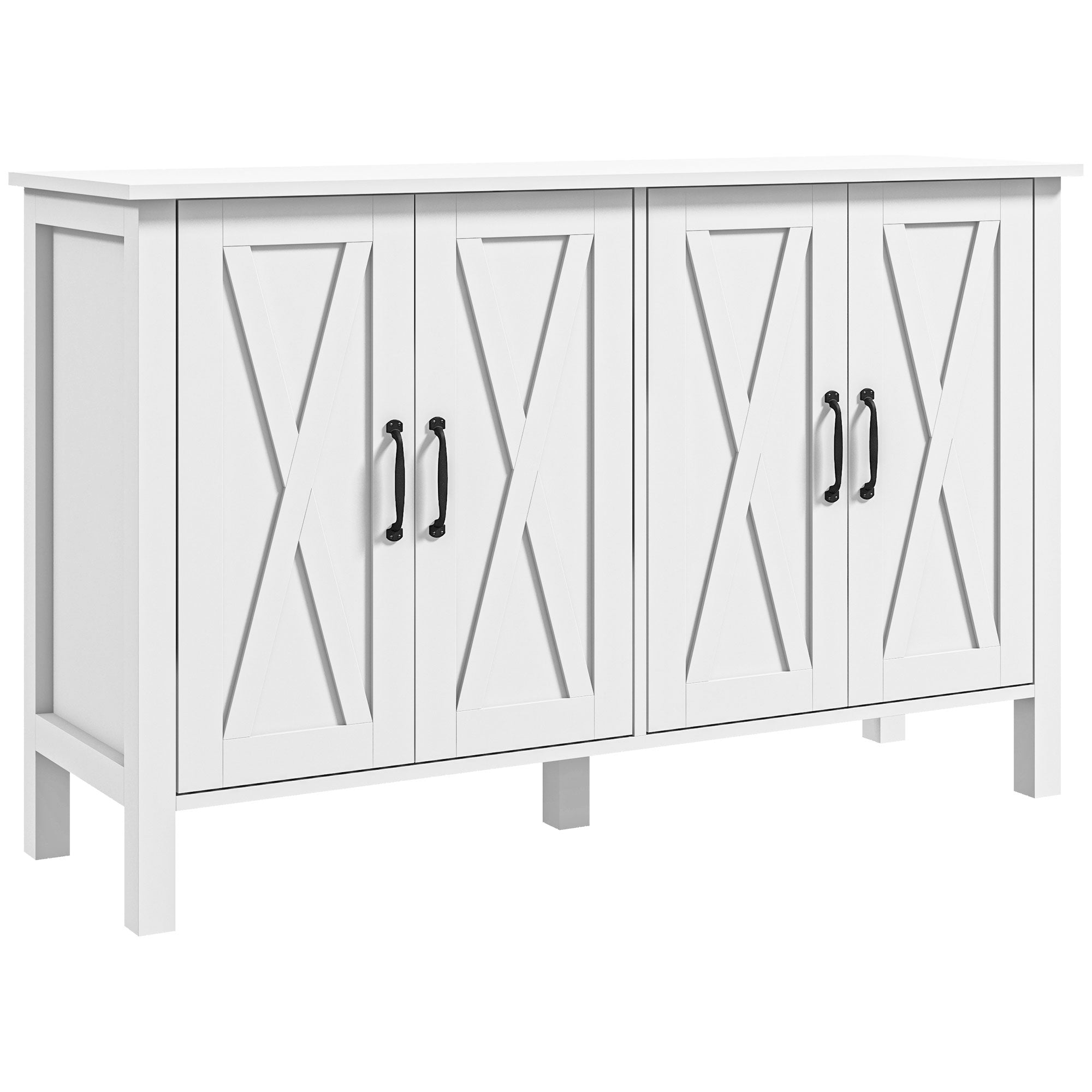 Kitchen Sideboard Buffet Cabinet w/ 4 Barn Doors & 2 Adjustable Shelves, White