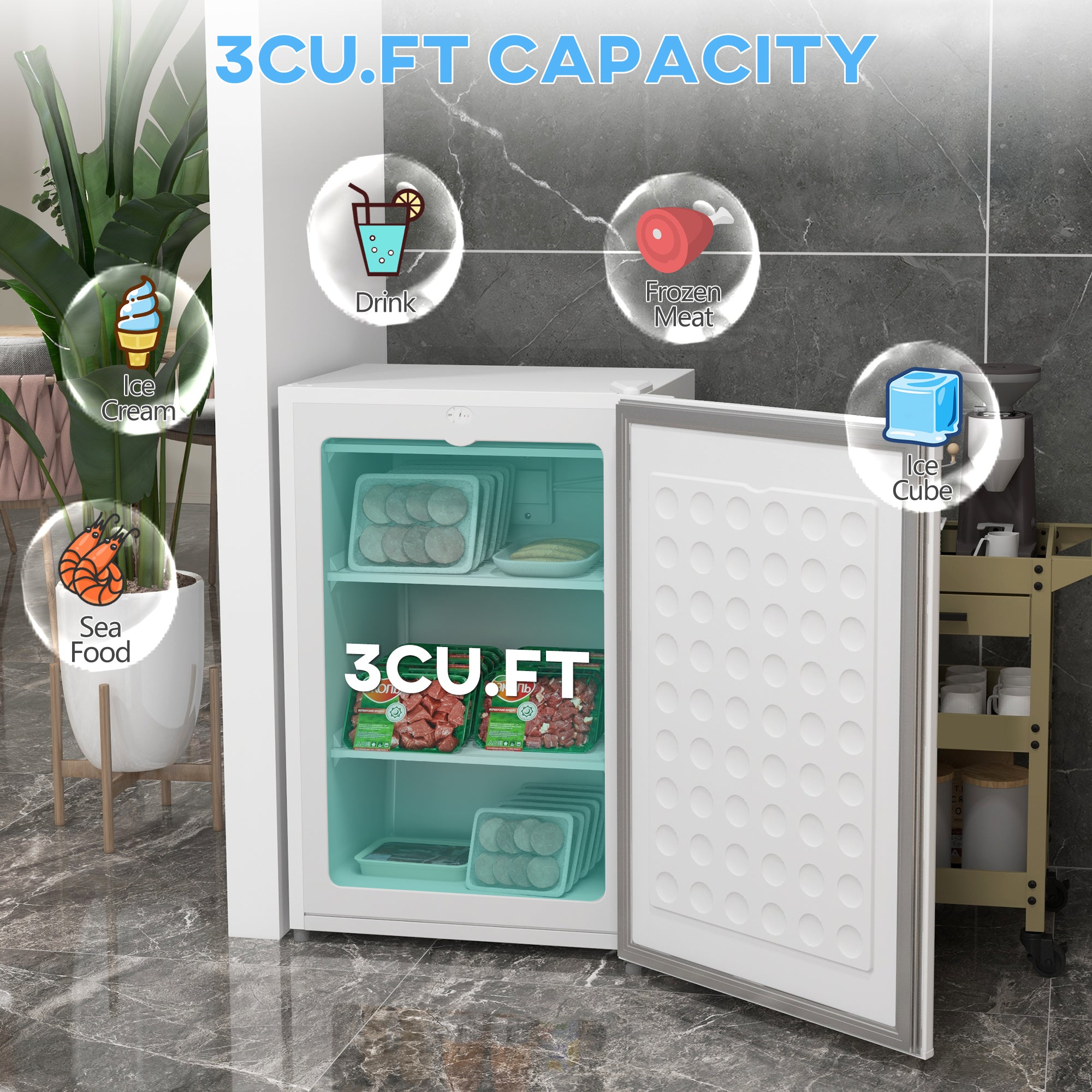 HOMCOM Upright Freezer, 3.0 Cu.Ft Compact Mini Freezer with Reversible Single Door and Adjustable Thermostat, Small freezer for Home, Dorm, Apartment, Home Office, White