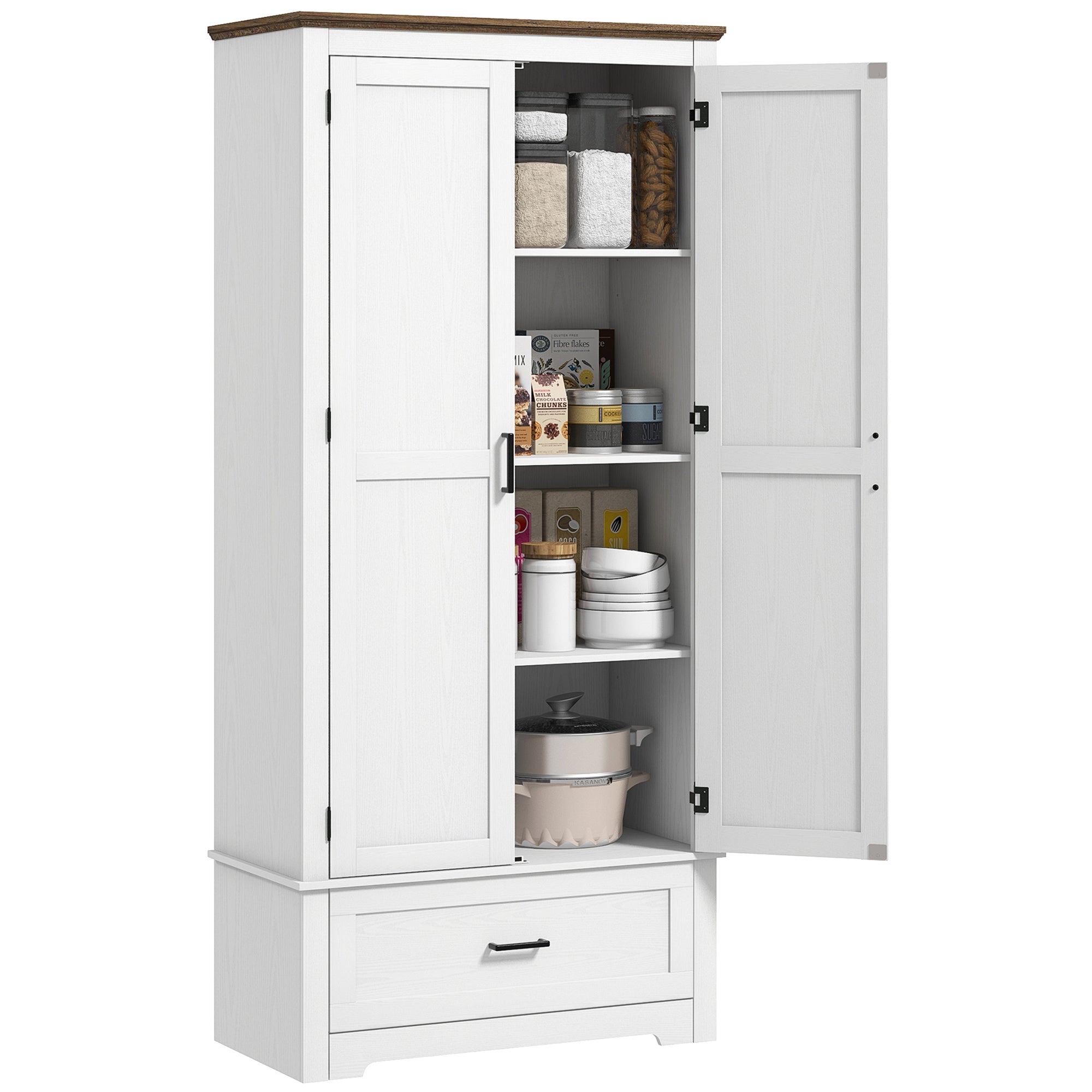69" Tall Farmhouse Kitchen Pantry Cabinet with 2 Doors Drawer and Adjustable Shelves White