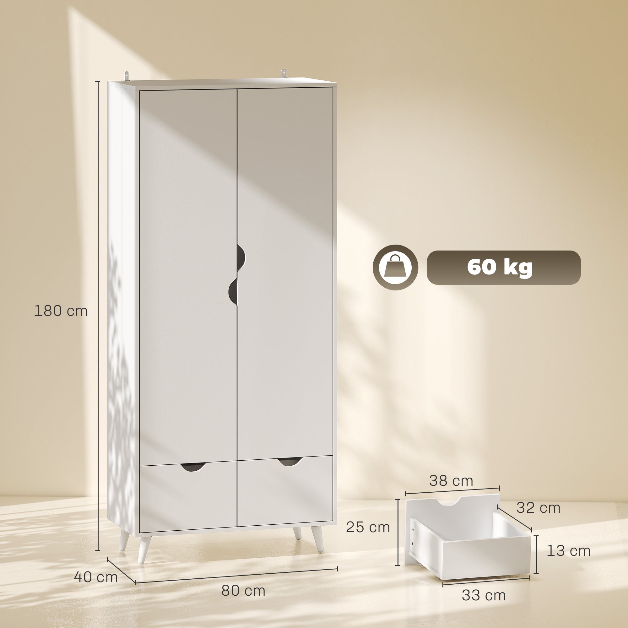 2-Door Clothes Wardrobe with Hanging Rail, Top Storage Shelf and 2 Drawers, Wood Feet, Elegant Home Storage Organisation Furniture for Dresses, Coats and Accessories, White